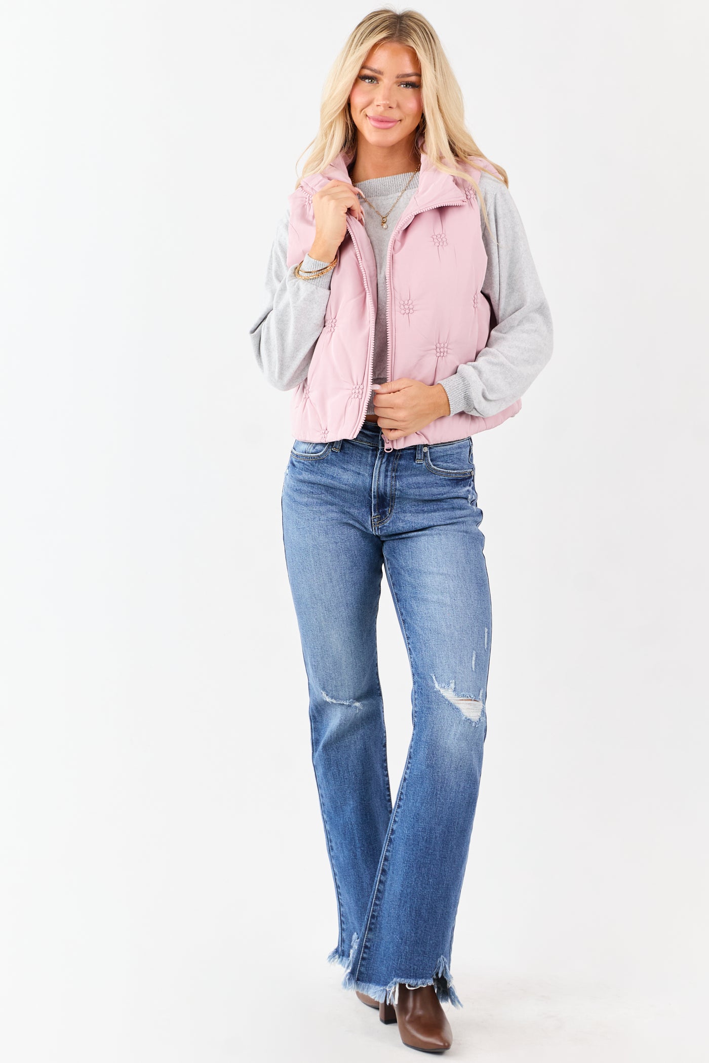 Entro Dusty Blush Raised Stitch Zip Up Puffer Vest