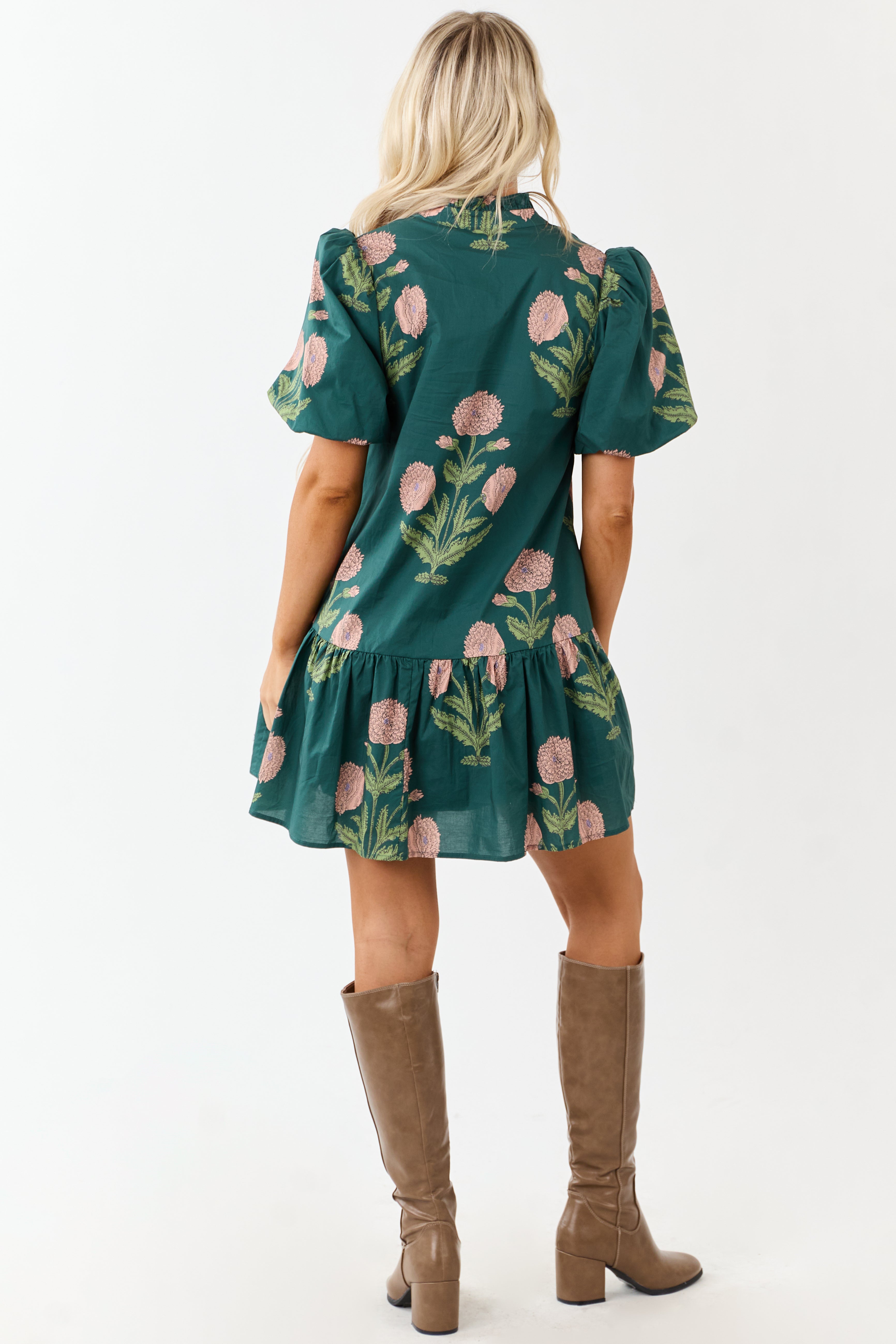 Entro Forest Green Floral Print Cotton Mini Dress