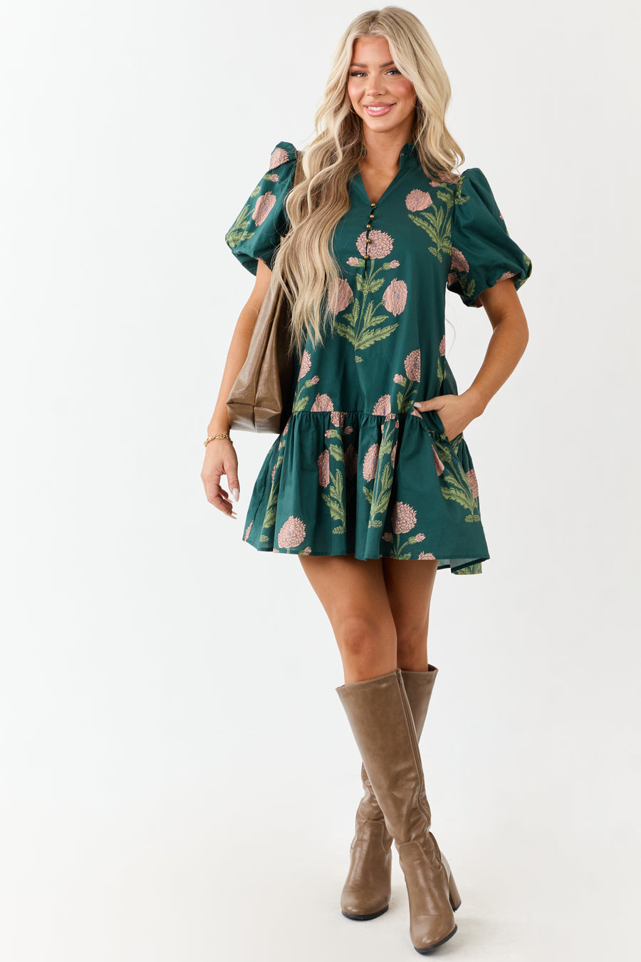 Entro Forest Green Floral Print Cotton Mini Dress