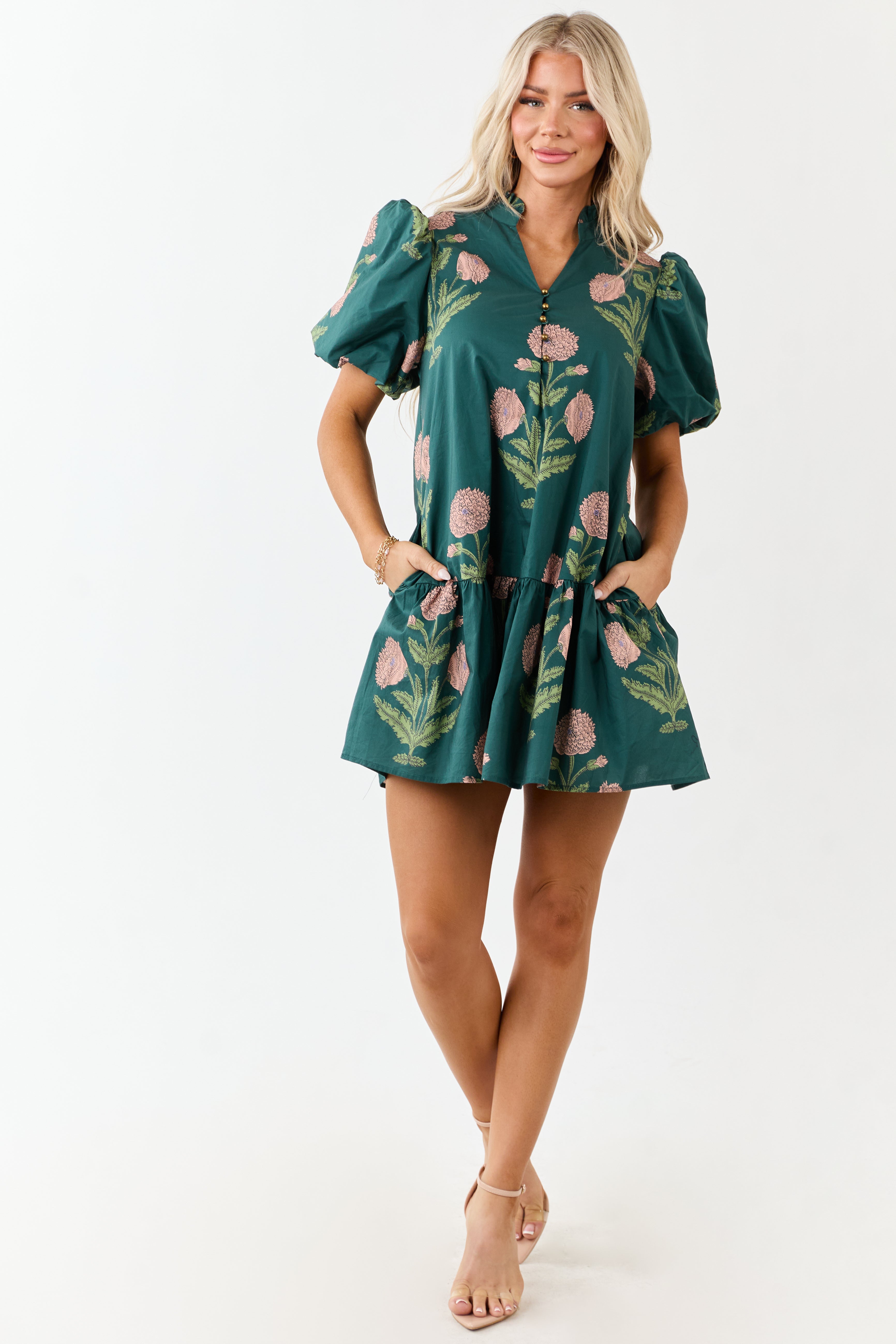 Entro Forest Green Floral Print Cotton Mini Dress