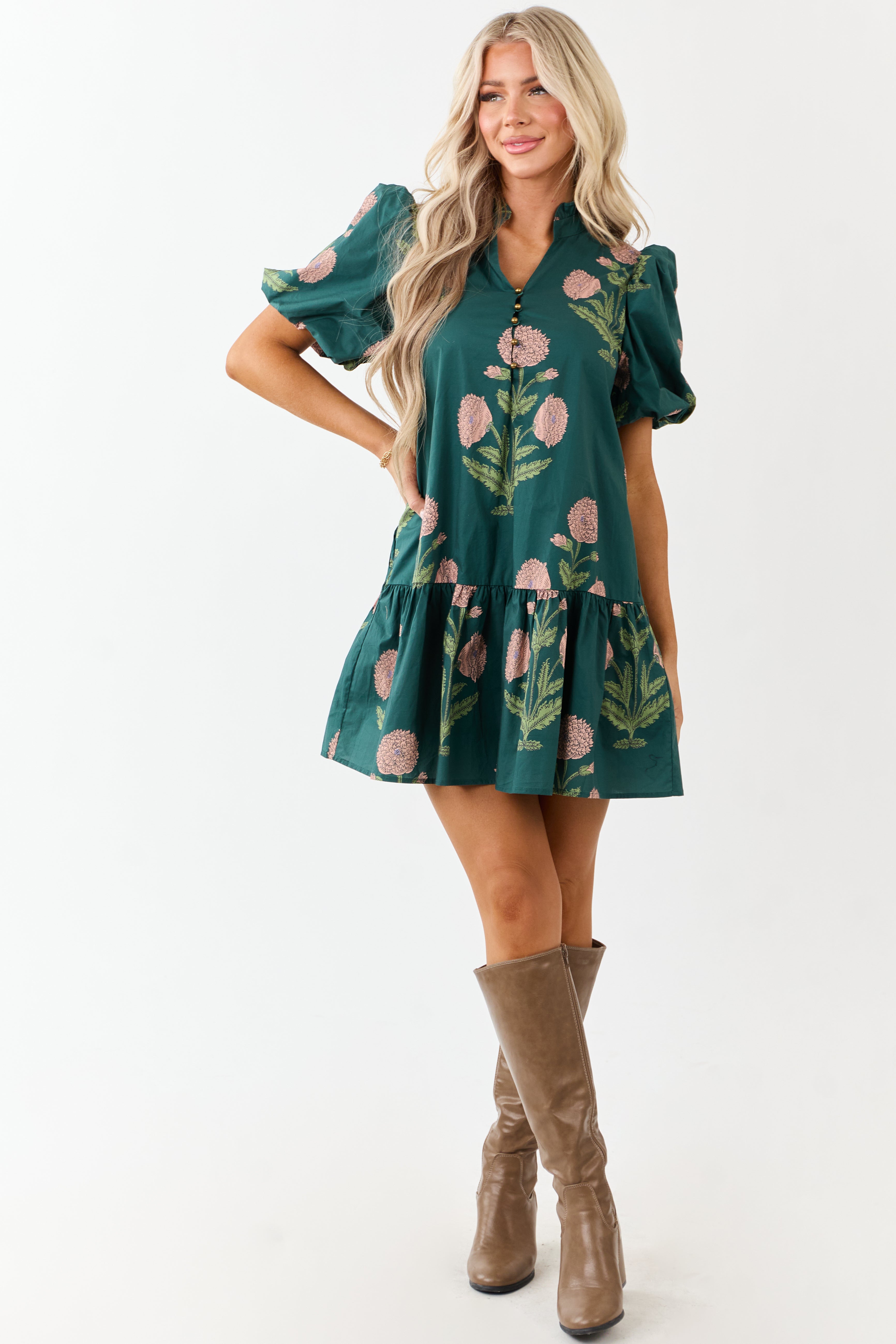 Entro Forest Green Floral Print Cotton Mini Dress