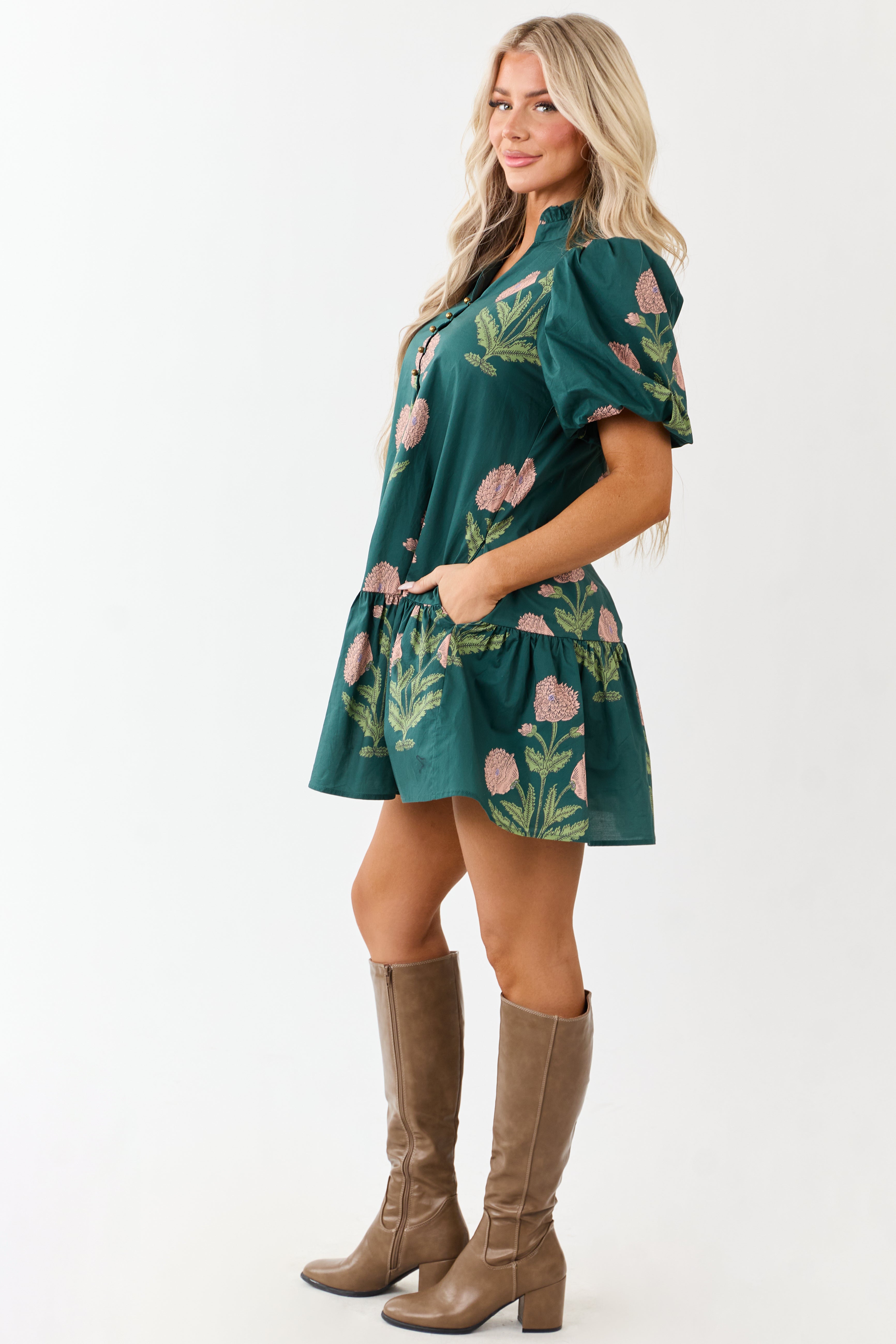 Entro Forest Green Floral Print Cotton Mini Dress
