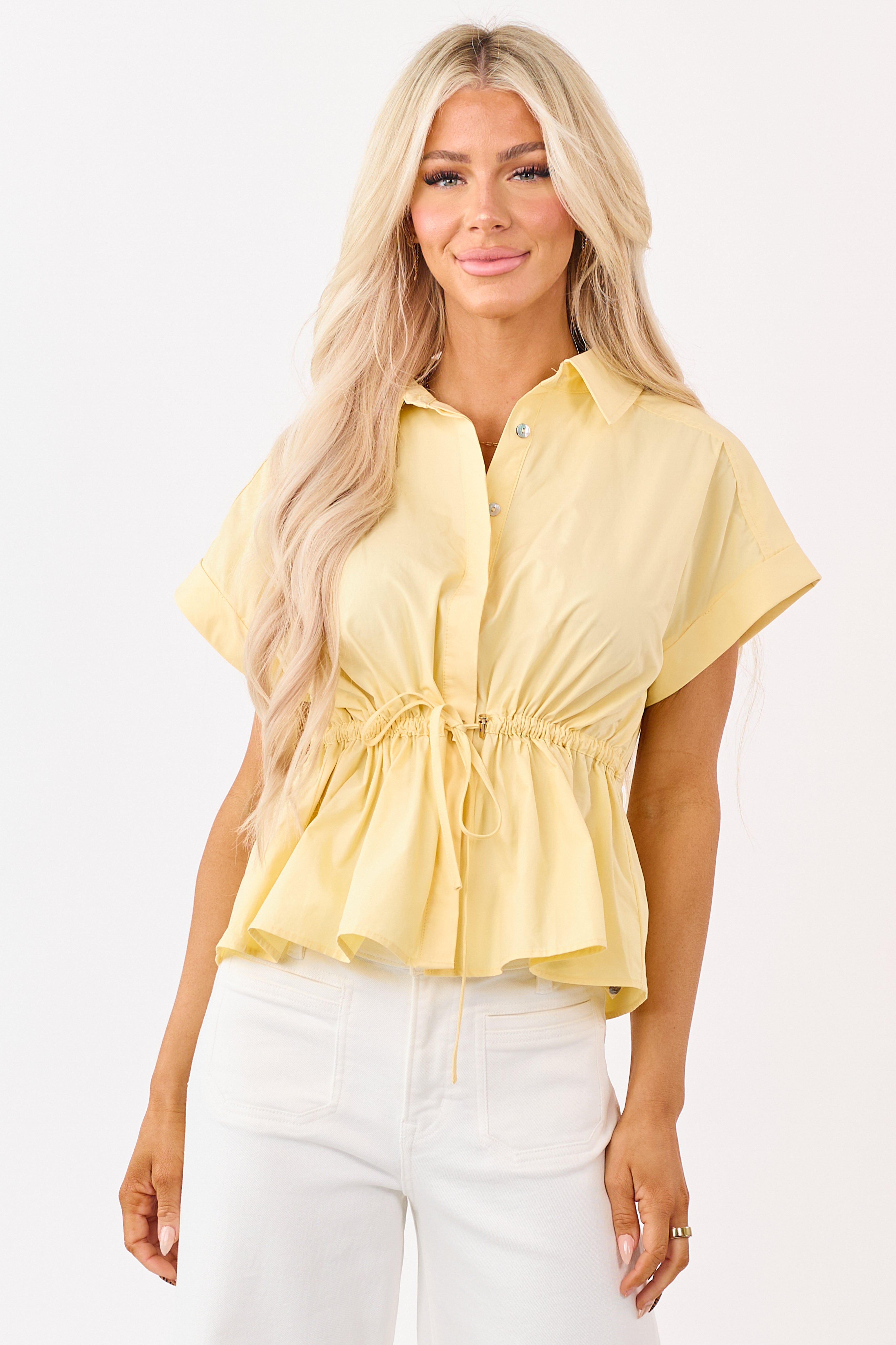 Entro Honeysuckle Cotton Hidden Button Peplum Top | Lime Lush Boutique