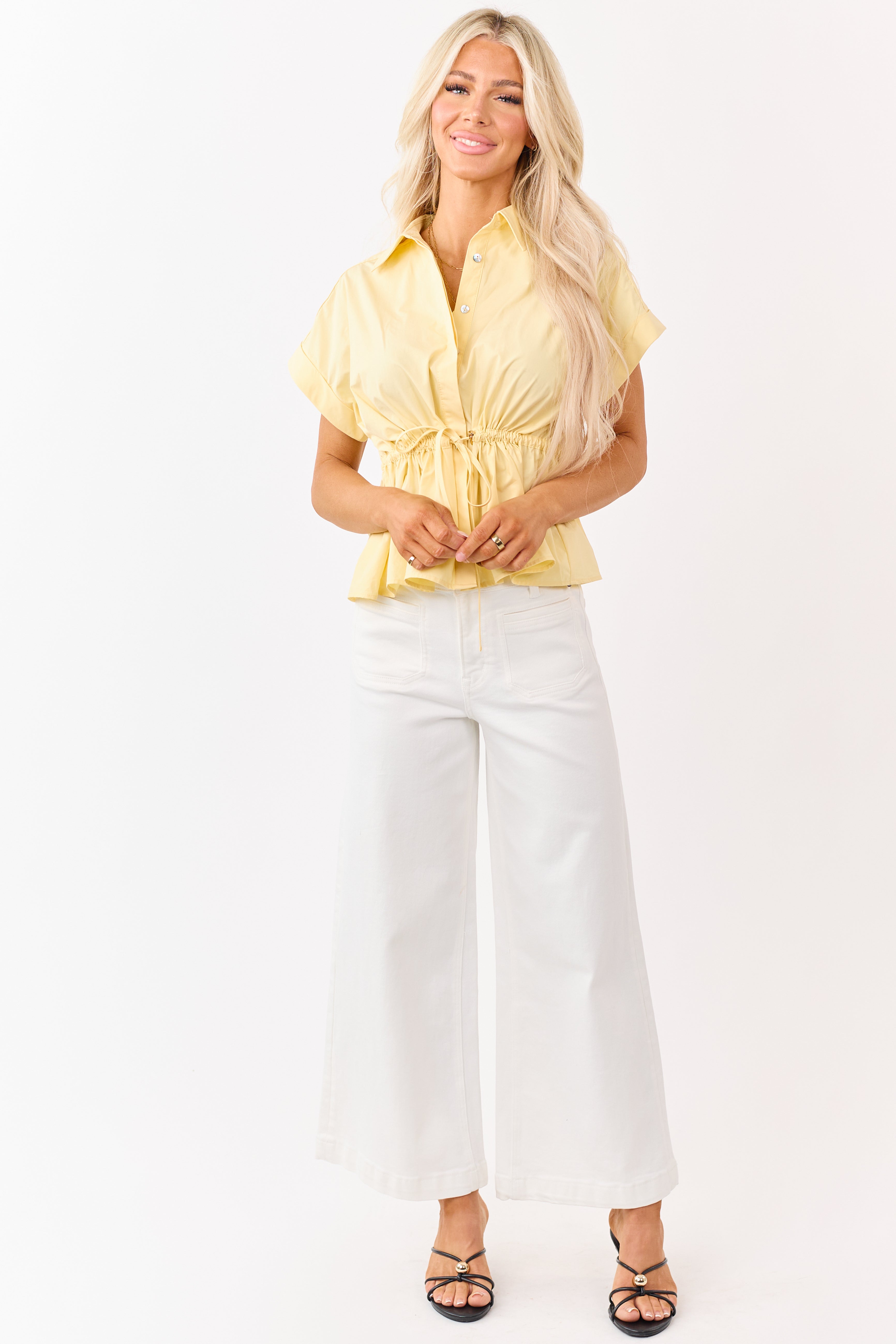 Entro Honeysuckle Cotton Hidden Button Peplum Top | Lime Lush Boutique