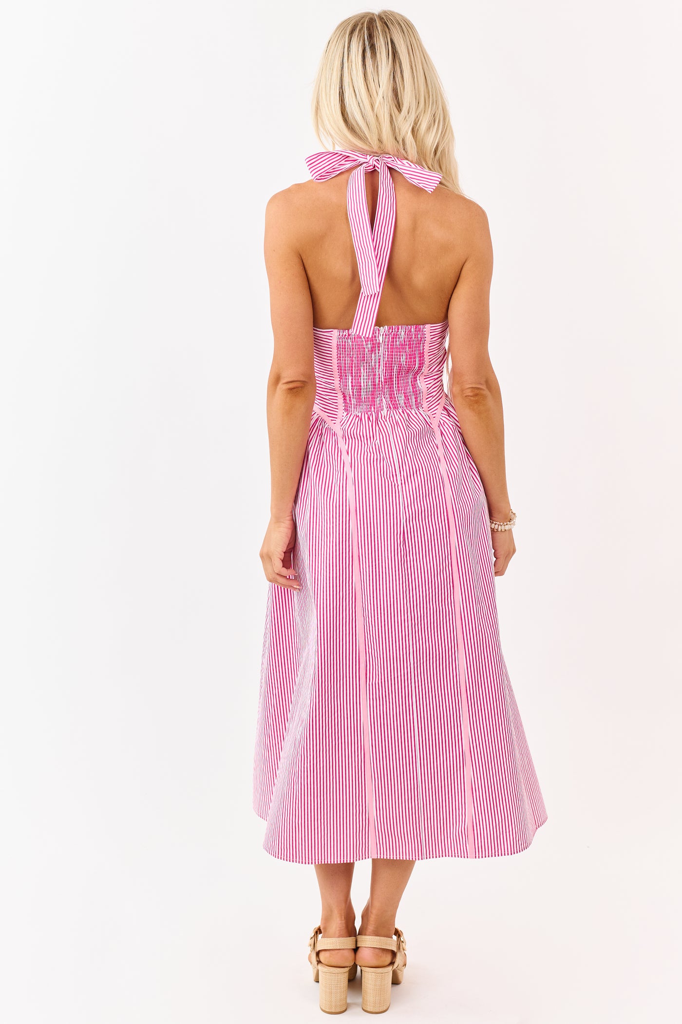 Entro Hot Pink Striped Cotton Halter Midi Dress Entro Hot Pink Striped Cotton Halter Midi Dress