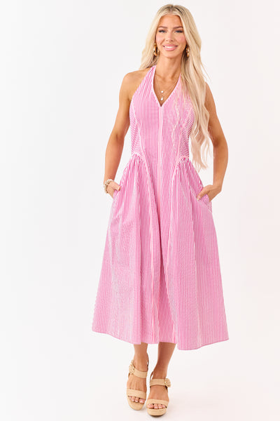 Entro Hot Pink Striped Cotton Halter Midi Dress