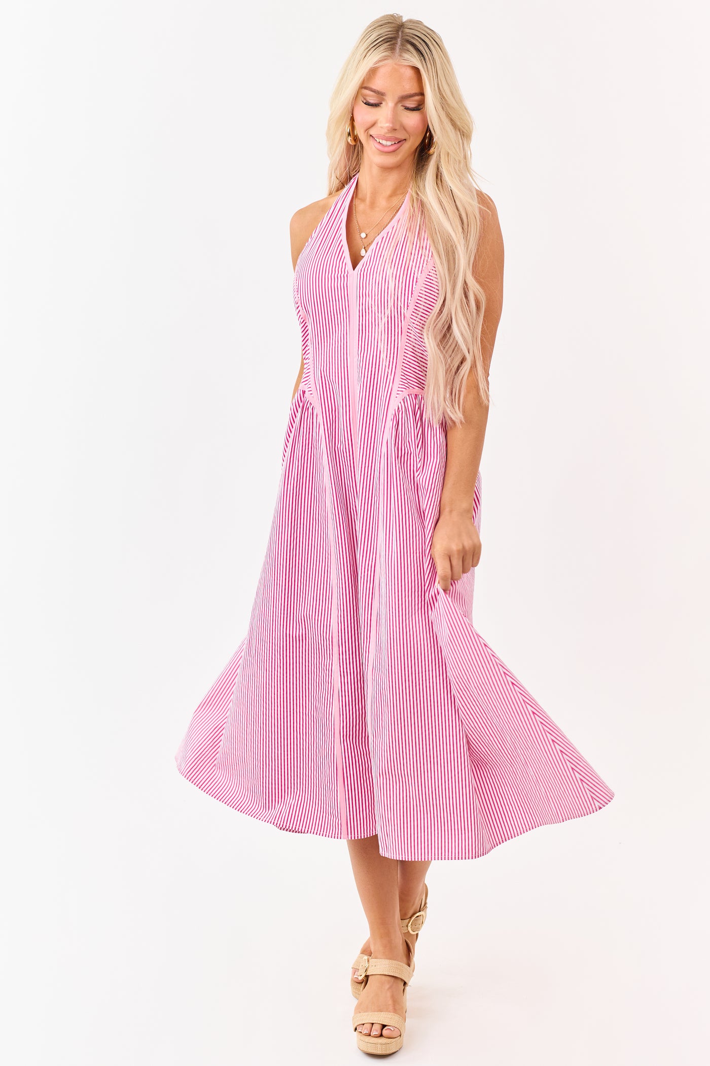 pink greek key and orange chain striped print midi dress Women's Paradisa Siesta Key Pink & Orange Stripe Linen Blend Convertible Dress | Size: M
