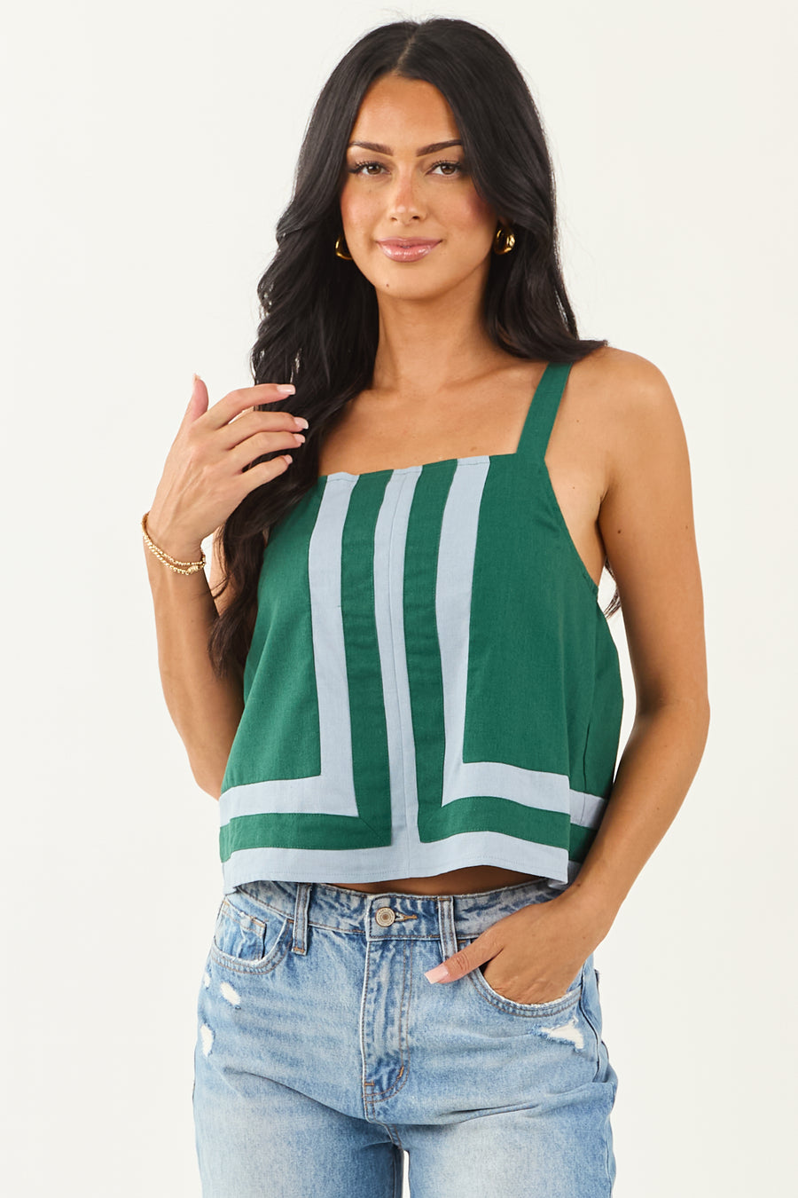 Entro Hunter Green Contrast Stripe Linen Blend Tank Top