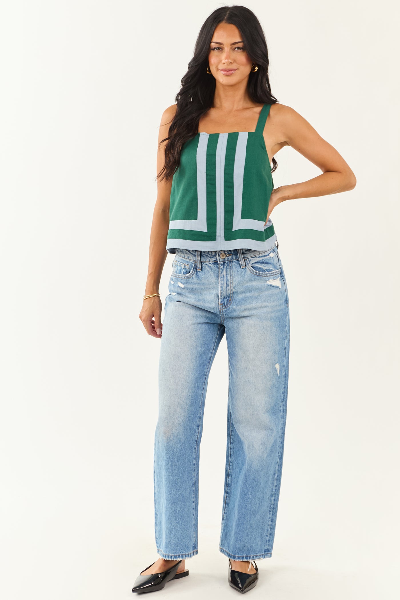 Entro Hunter Green Contrast Stripe Linen Blend Tank Top