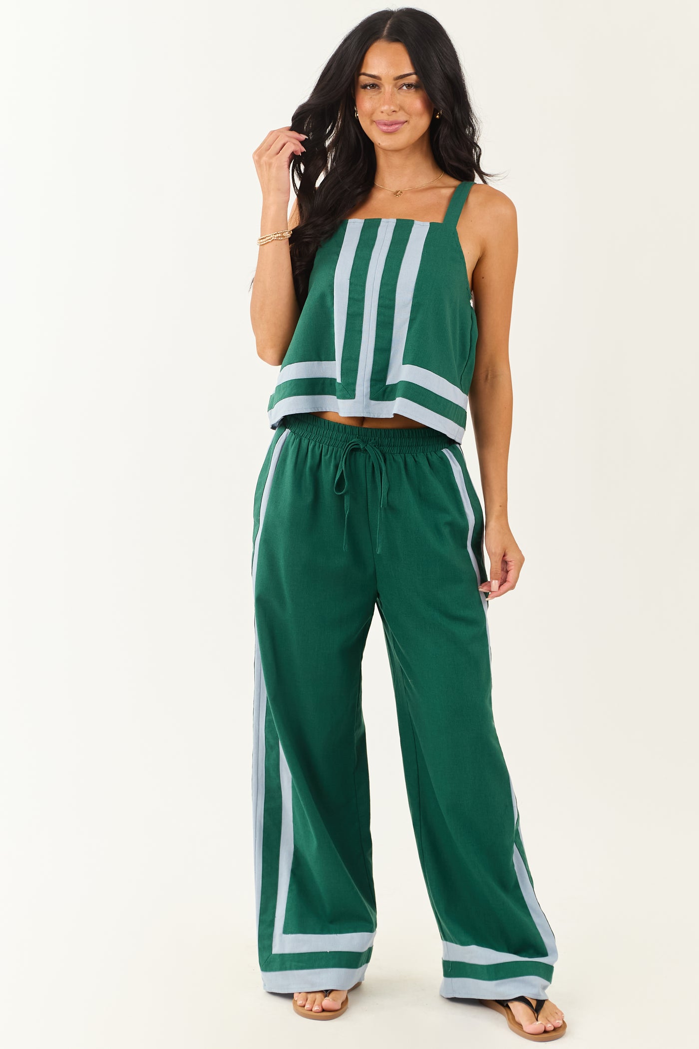 Entro Hunter Green Contrast Stripe Linen Blend Tank Top