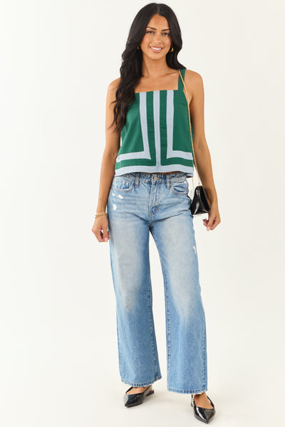 Entro Hunter Green Contrast Stripe Linen Blend Tank Top
