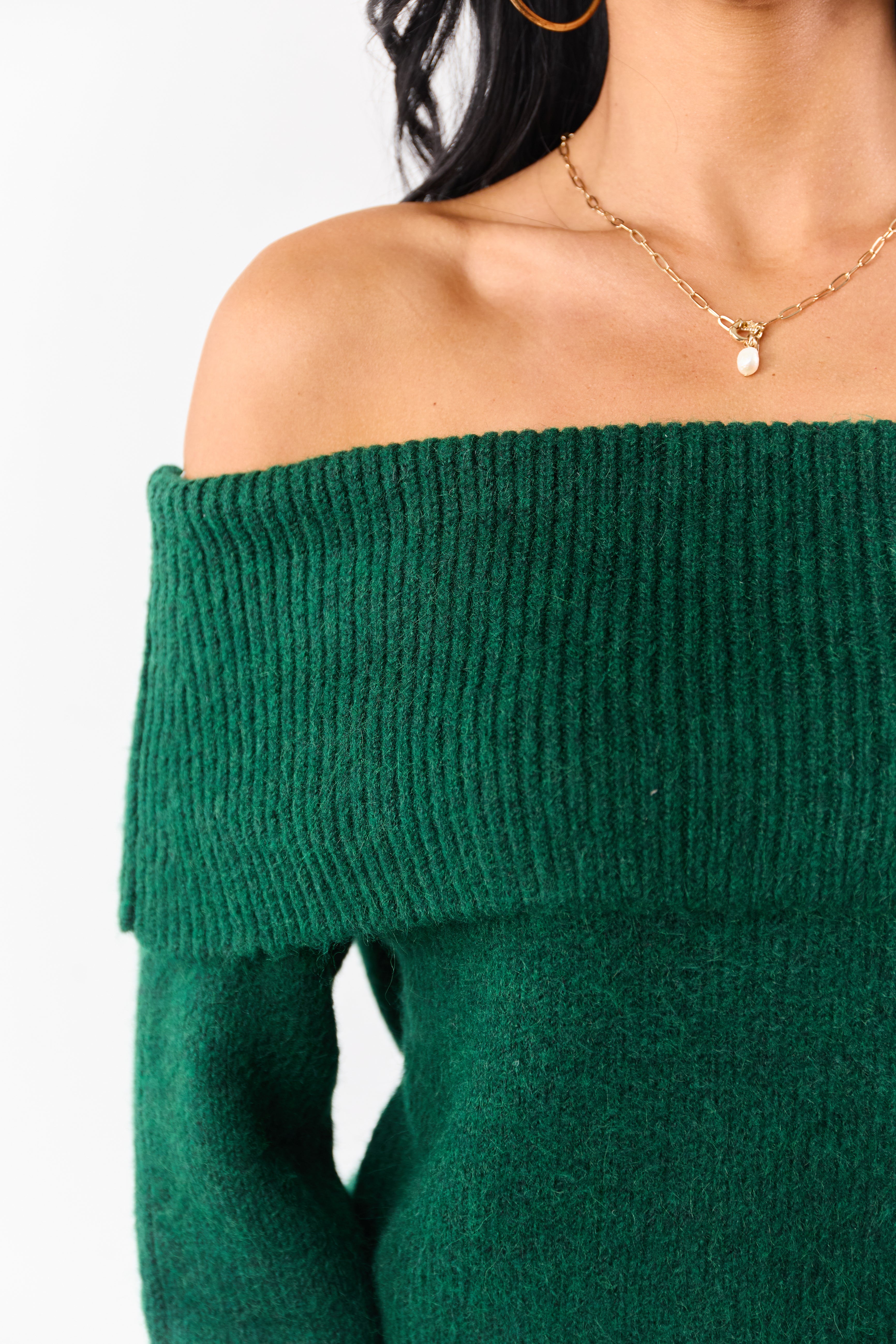 Entro Hunter Green Wool Blend Off Shoulder Sweater