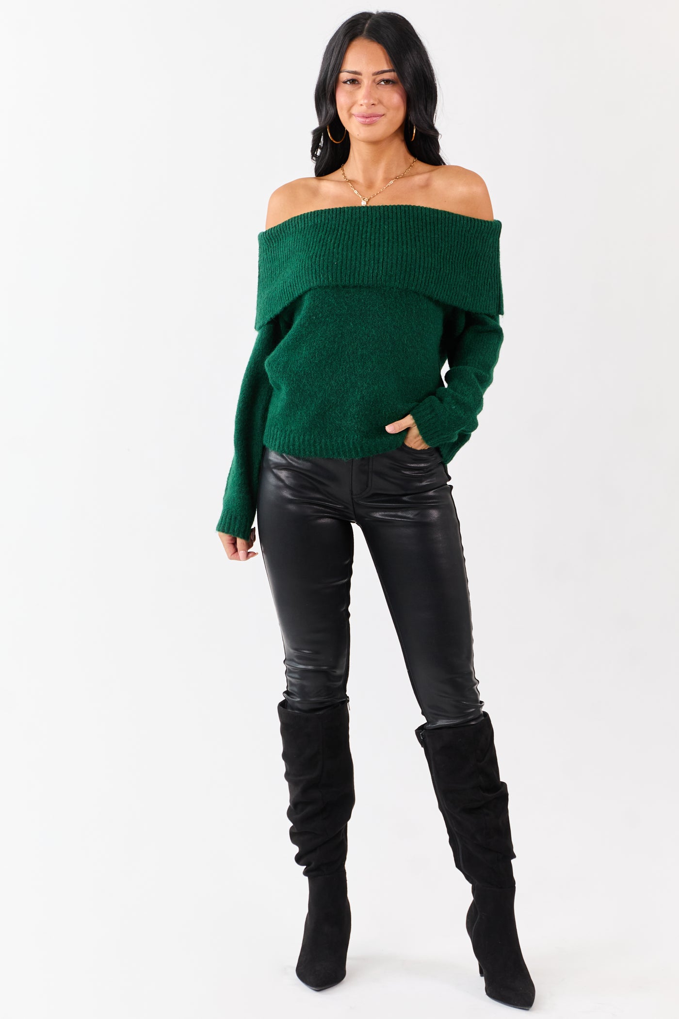 Entro Hunter Green Wool Blend Off Shoulder Sweater