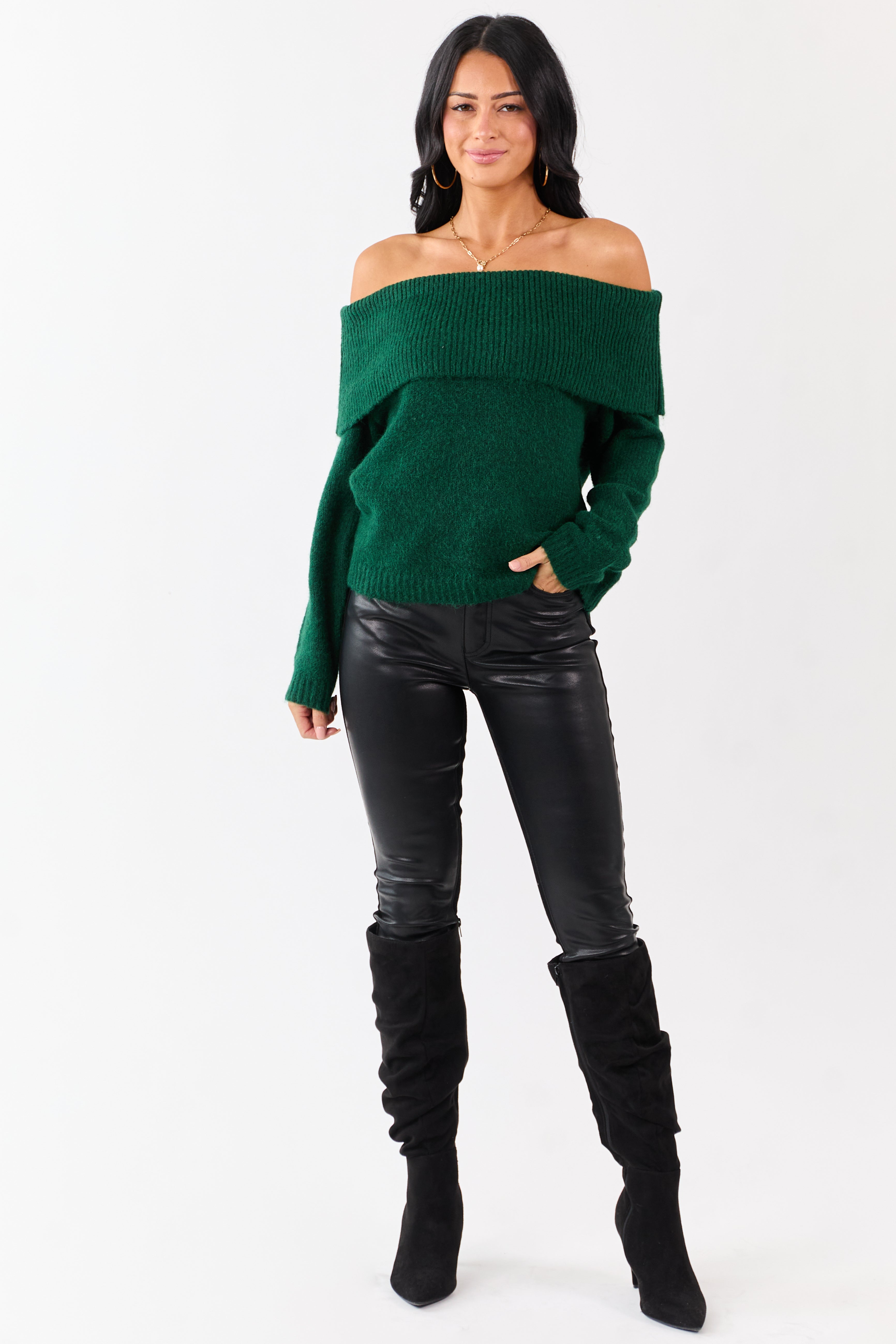 Entro Hunter Green Wool Blend Off Shoulder Sweater