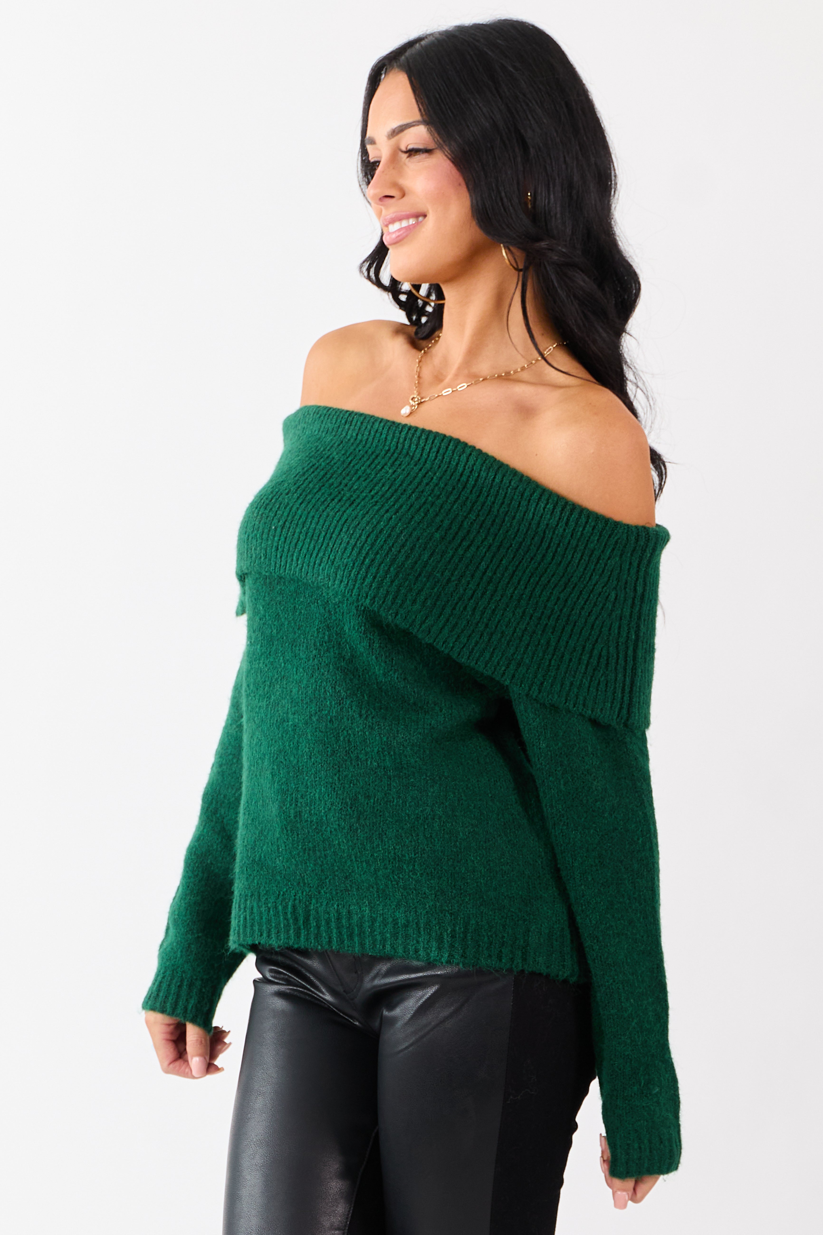 Entro Hunter Green Wool Blend Off Shoulder Sweater