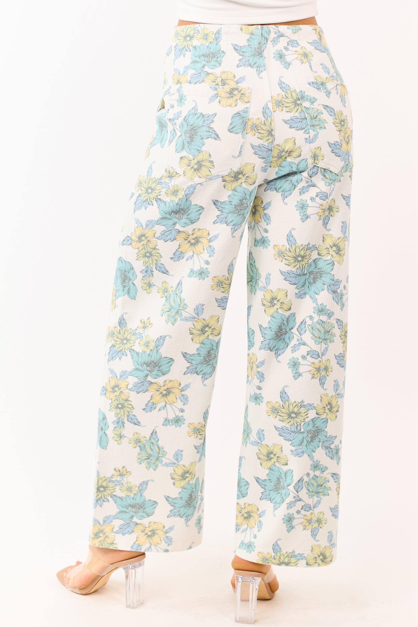 Entro Ivory Floral Print Wide Leg Denim Pants