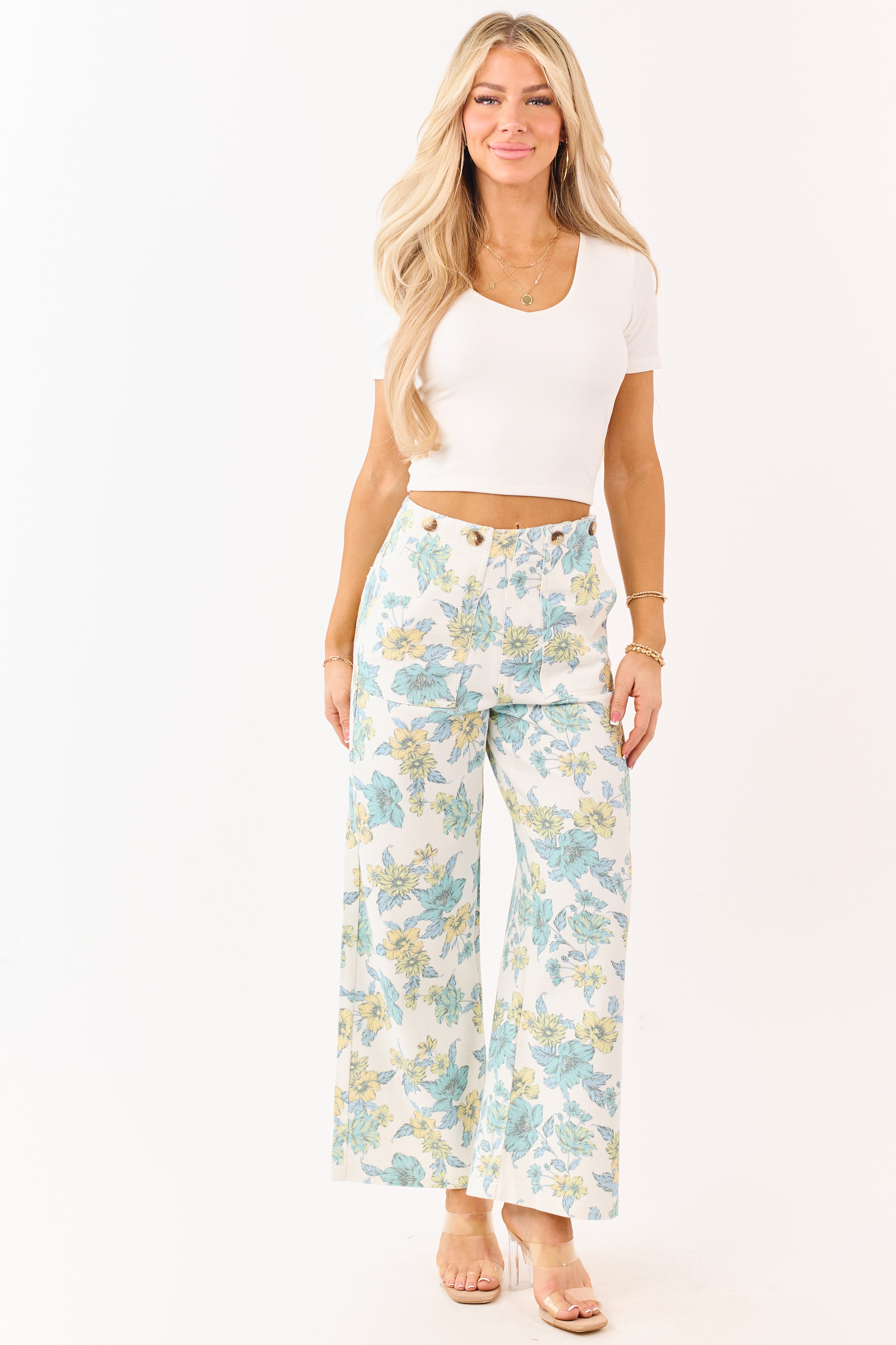 Entro Ivory Floral Print Wide Leg Denim Pants