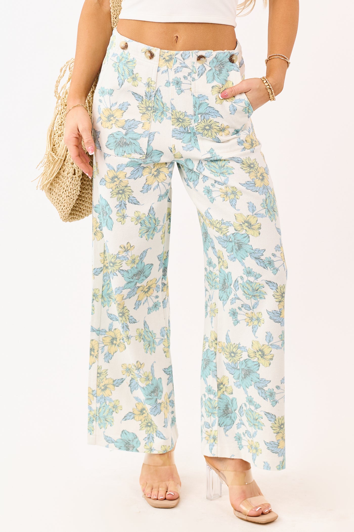 Entro Ivory Floral Print Wide Leg Denim Pants