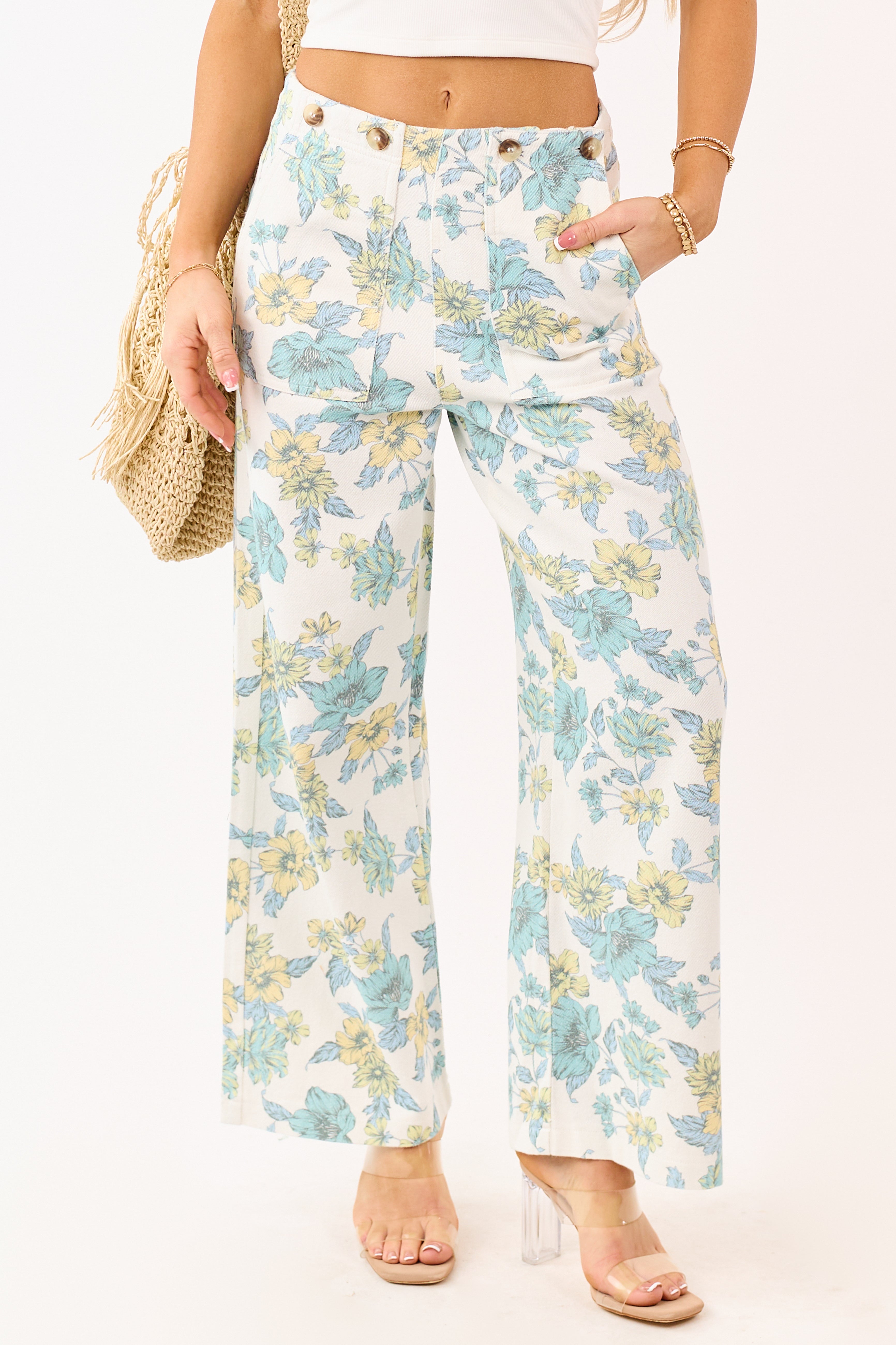 Entro Ivory Floral Print Wide Leg Denim Pants