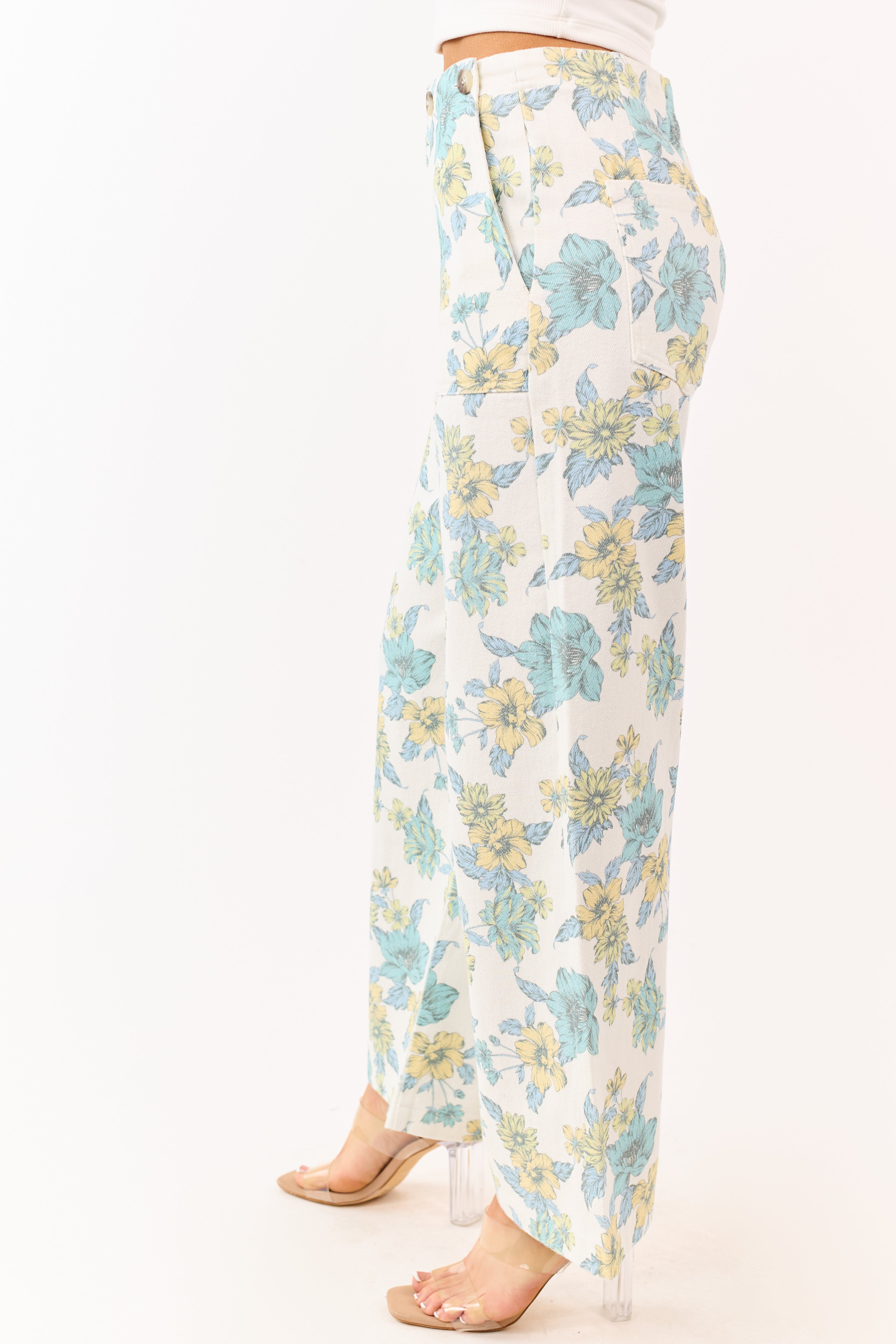 Entro Ivory Floral Print Wide Leg Denim Pants