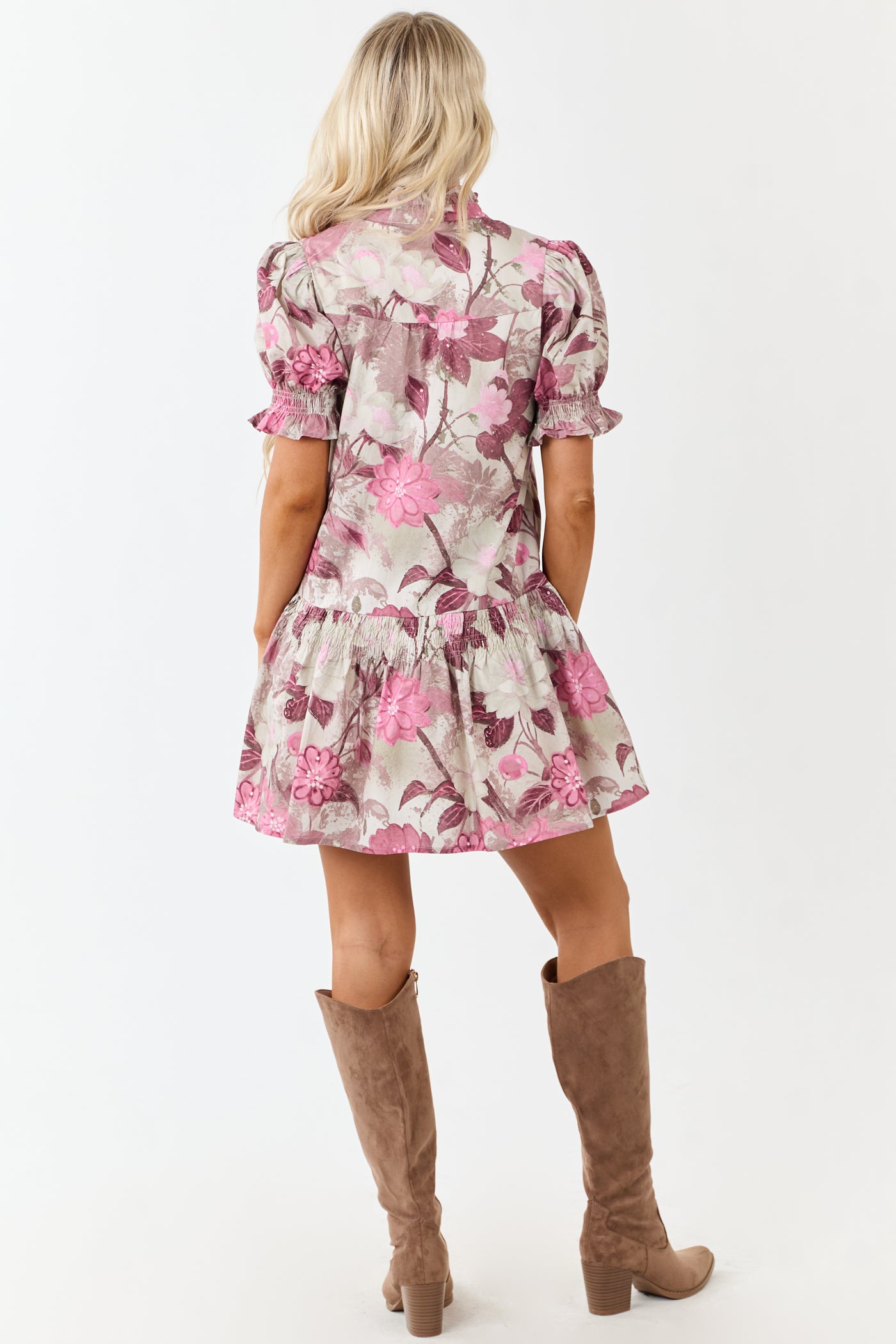 Entro Ivory Floral Smocked Detail Cotton Mini Dress