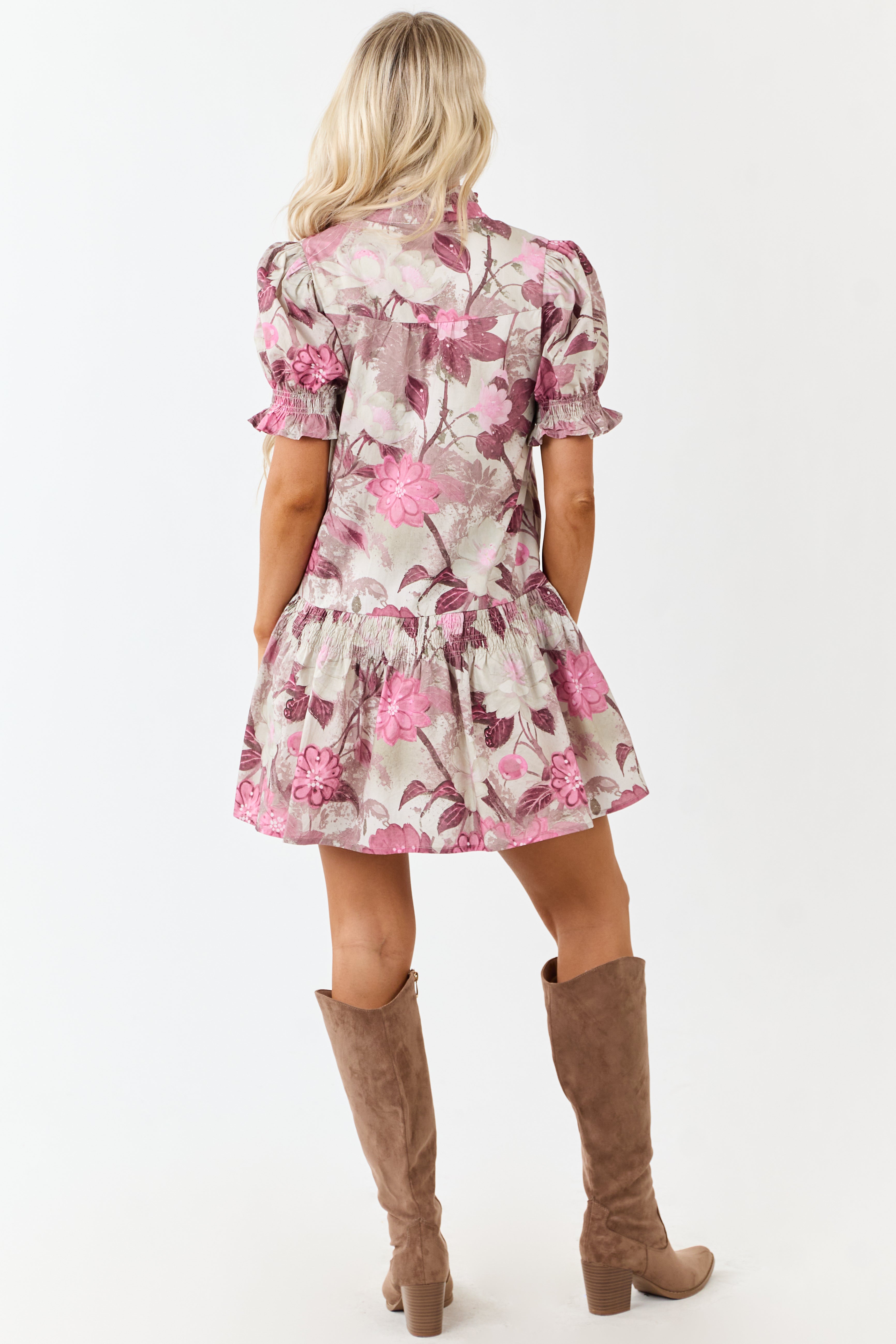 Entro Ivory Floral Smocked Detail Cotton Mini Dress