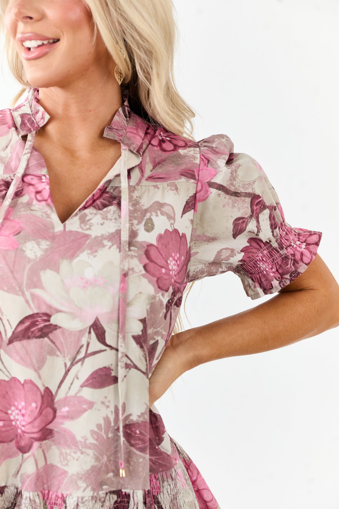 Entro Ivory Floral Smocked Detail Cotton Mini Dress