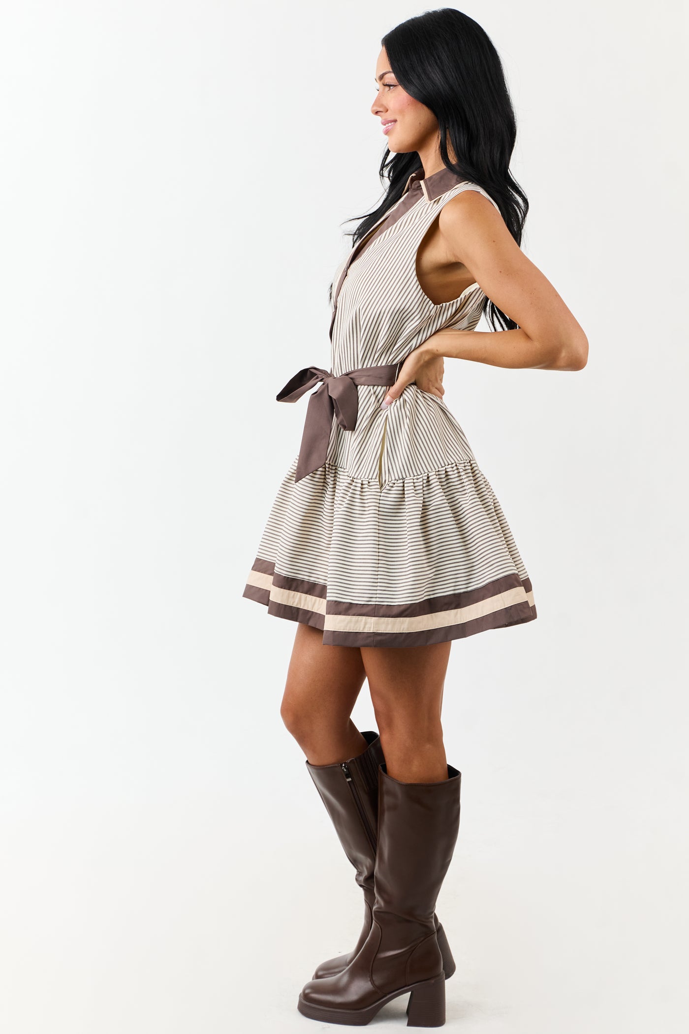 Entro Ivory Striped Button Down Waist Tie Mini Dress
