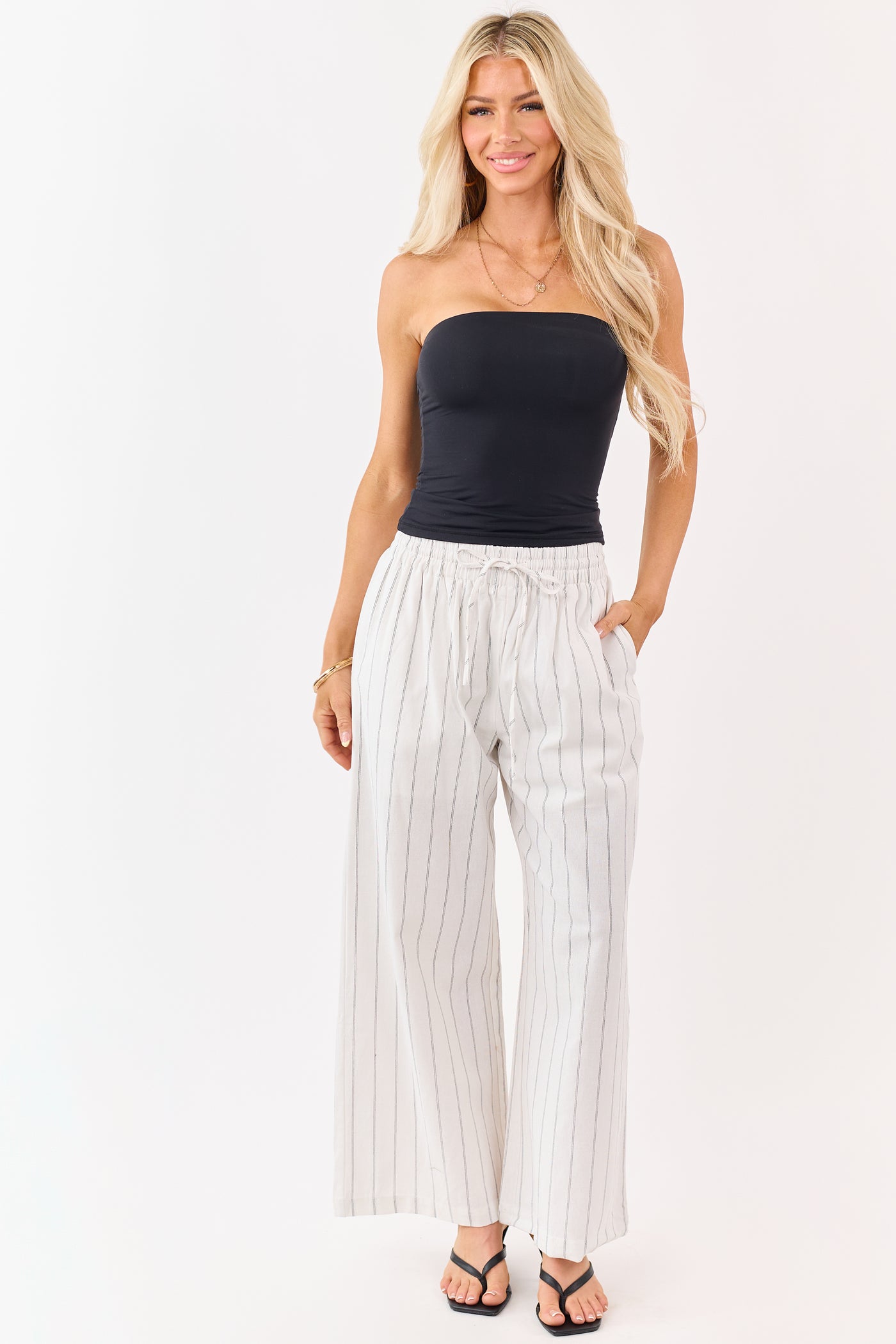 Entro Ivory Striped Linen Blend Drawstring Pants