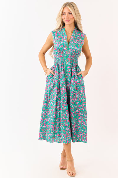 Entro Jungle Green Cotton Floral Zip Up Midi Dress