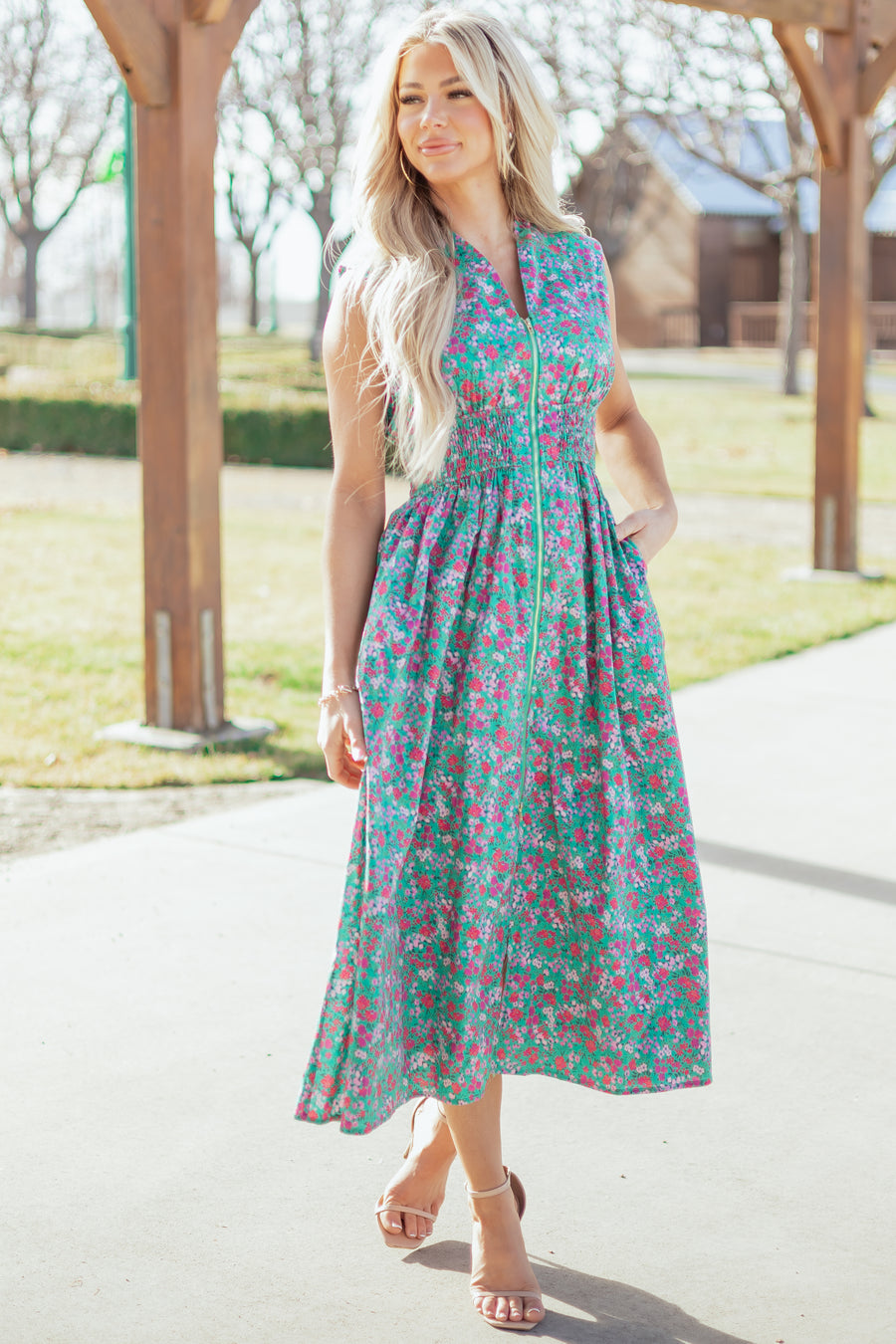 Entro Jungle Green Cotton Floral Zip Up Midi Dress