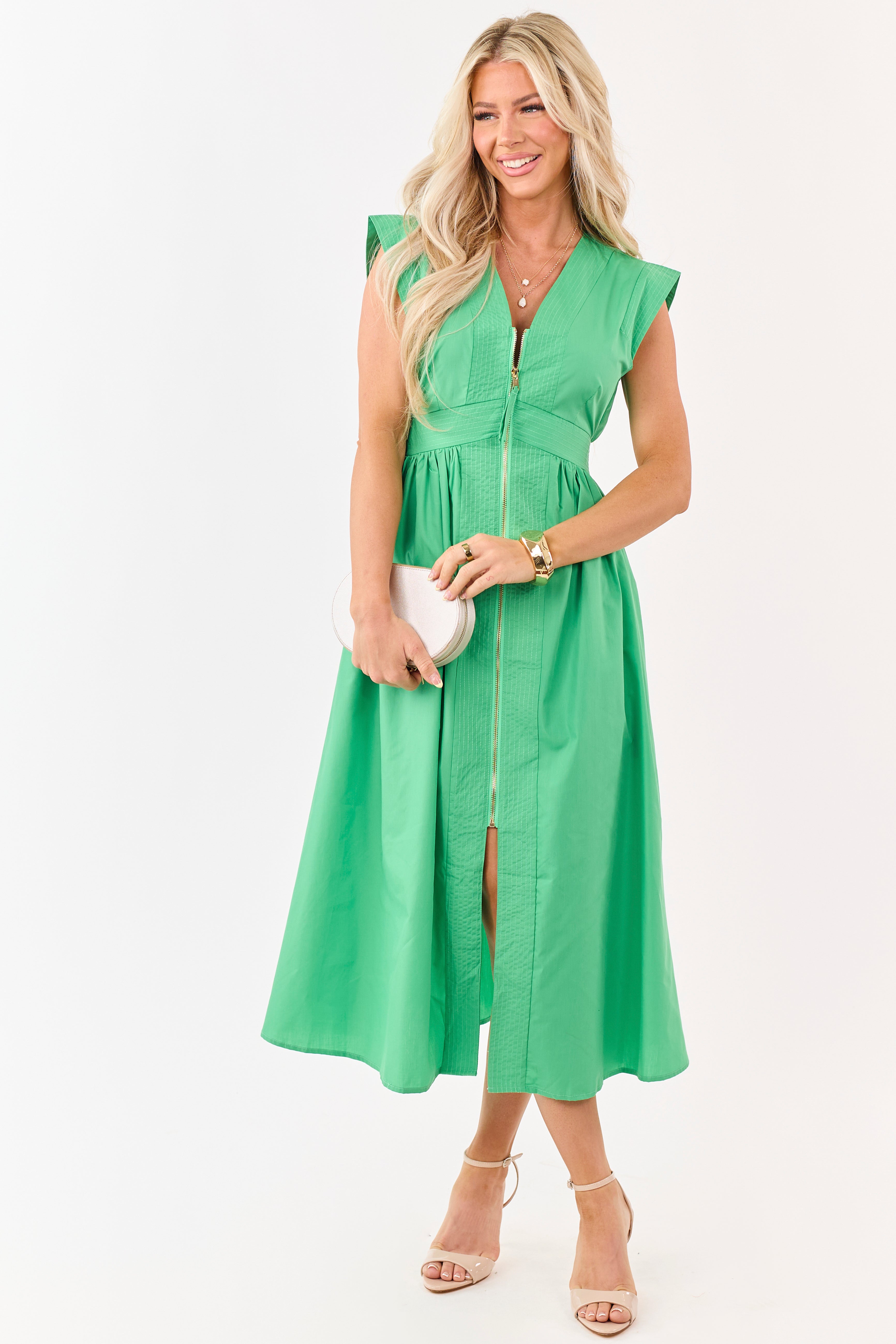Entro Kelly Green Zip Up Cap Sleeve Midi Dress | Lime Lush Boutique