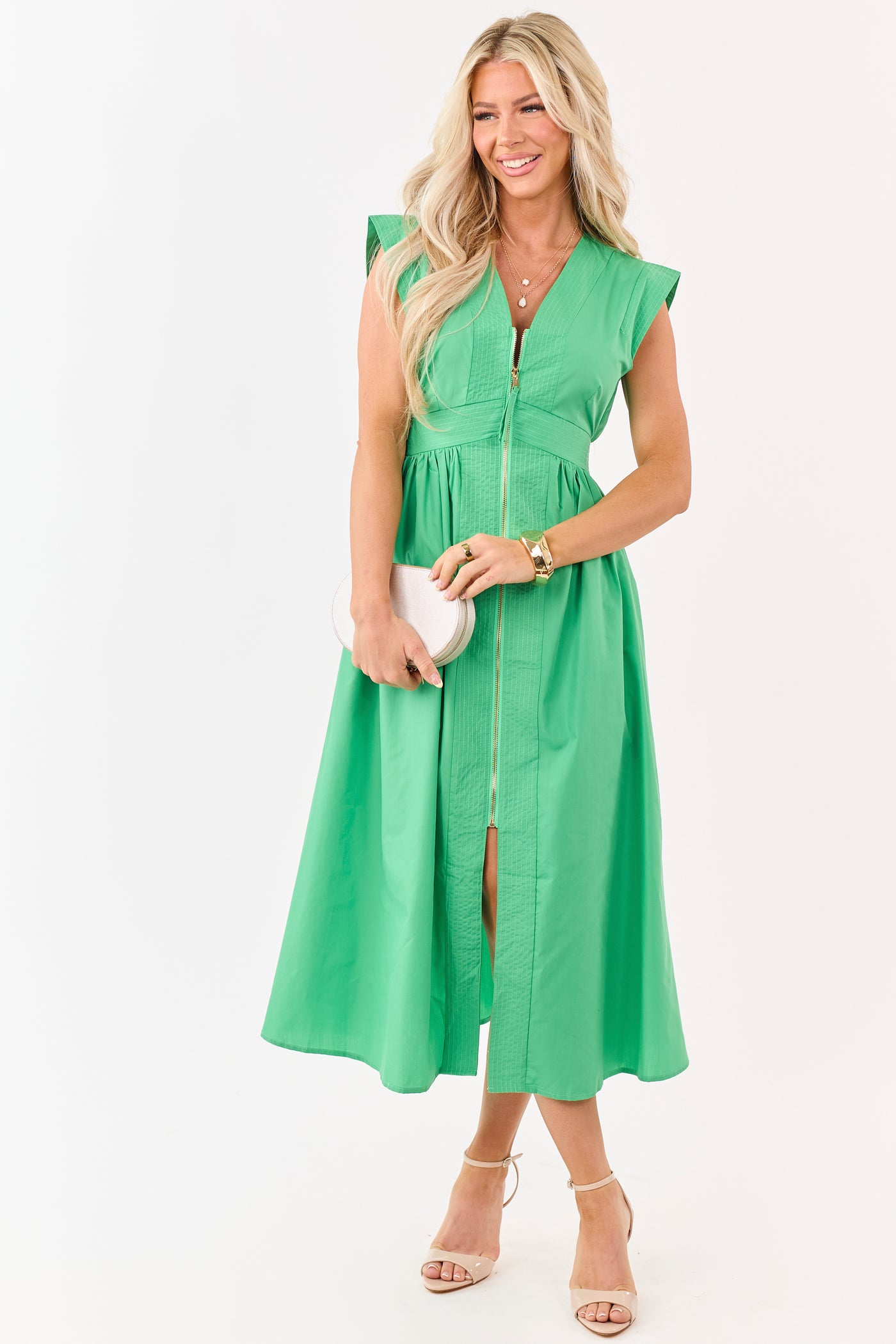Entro Kelly Green Zip Up Cap Sleeve Midi Dress | Lime Lush Boutique Entro Kelly Green Zip Up Cap Sleeve Midi Dress | Lime Lush Boutique