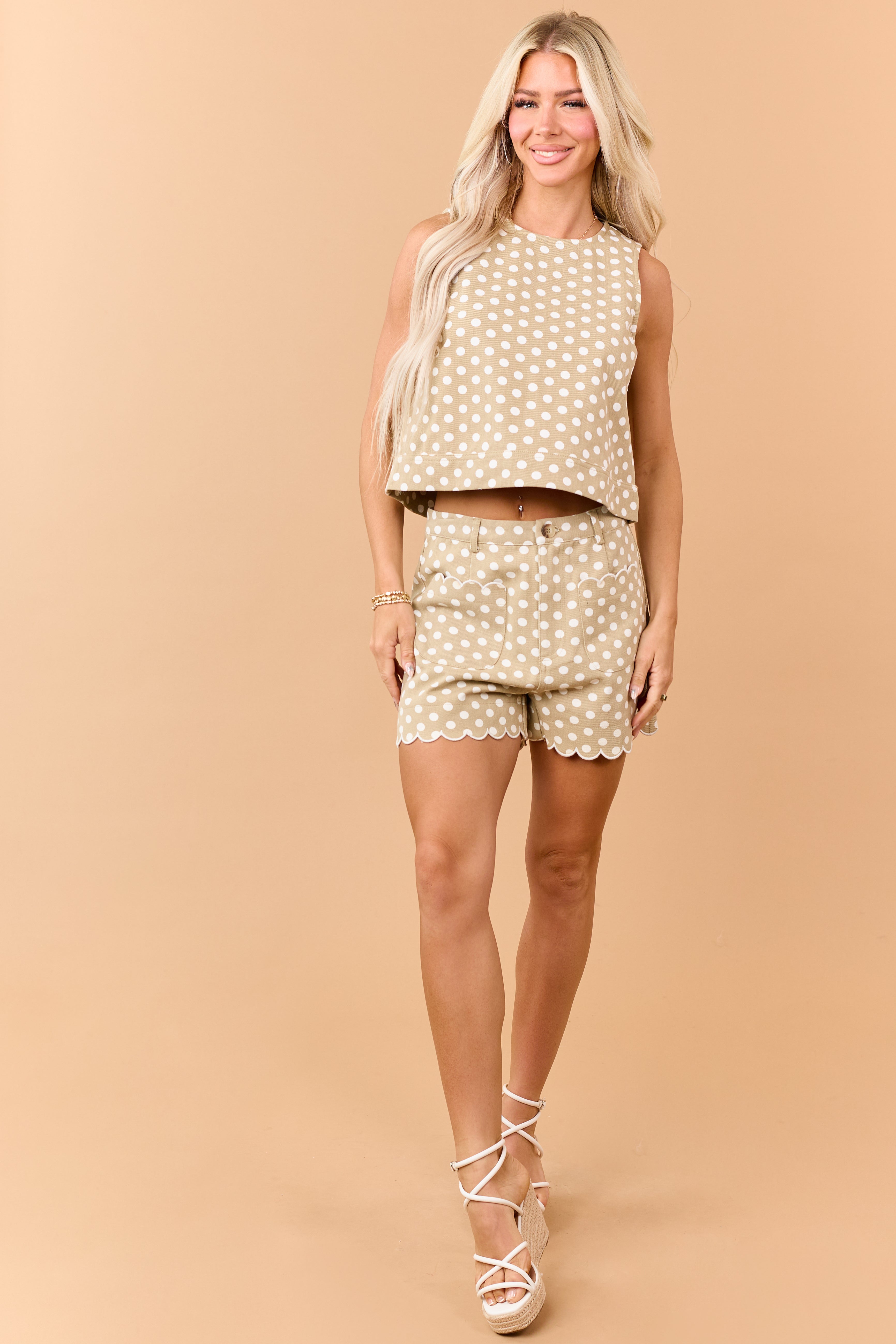 Entro Khaki Denim Polka Dot Cropped Tank Top