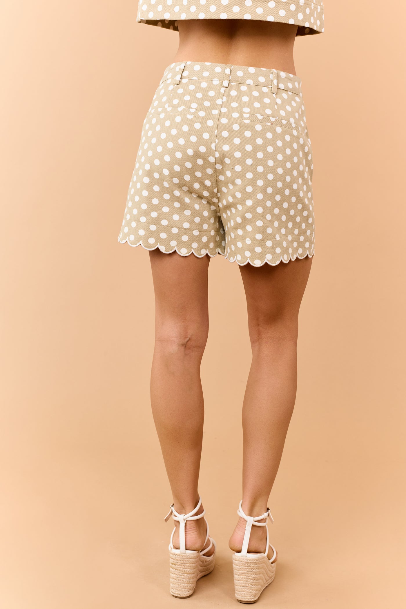 Entro Khaki Denim Polka Dot Scalloped Hem Shorts
