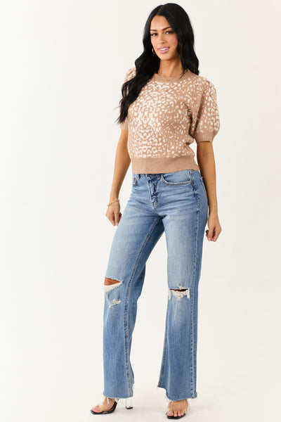 Entro Latte Abstract Print Short Sleeve Sweater Top