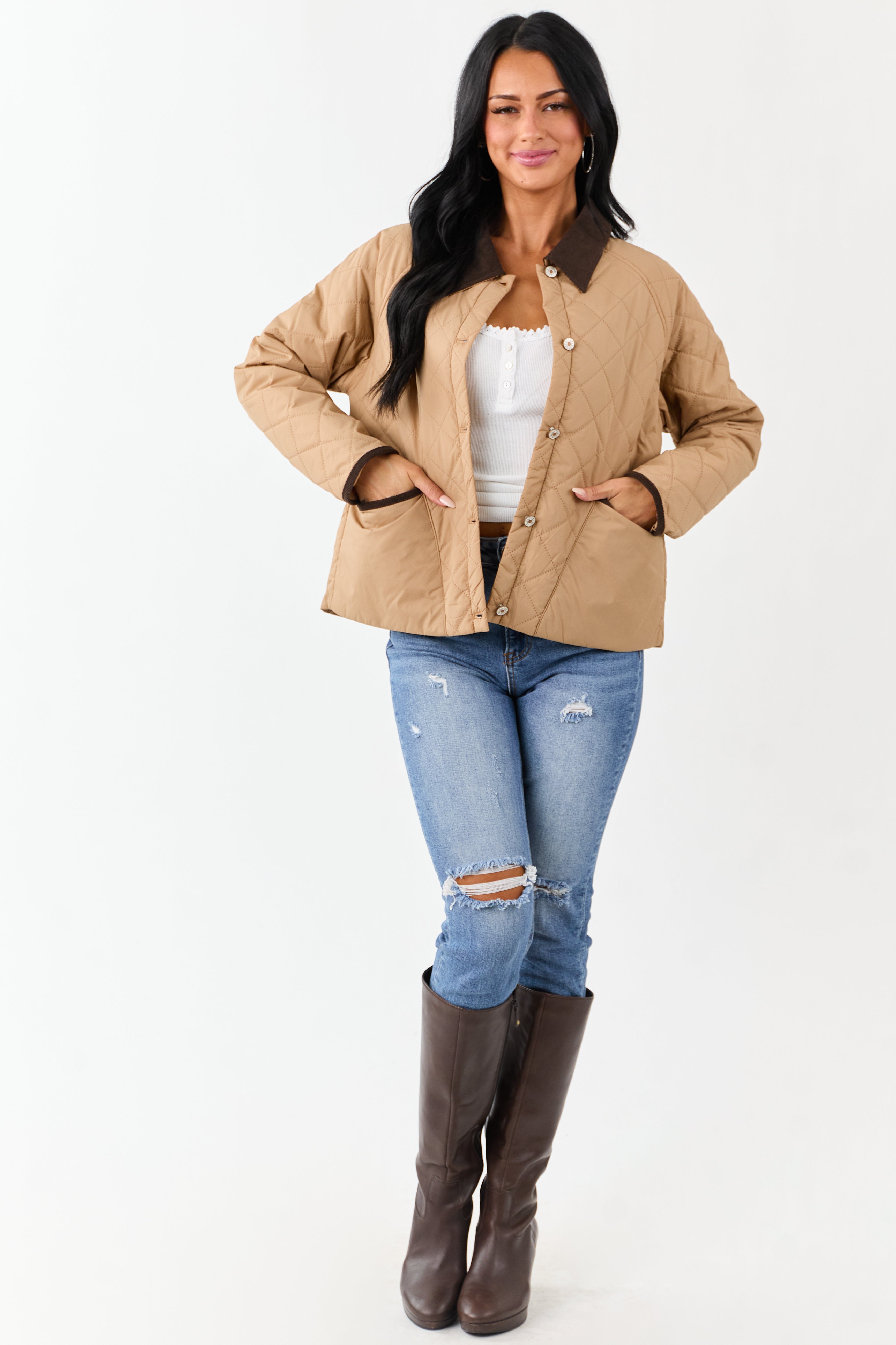 Entro Latte Quilted Corduroy Contrast Buttoned Jacket | Lime Lush