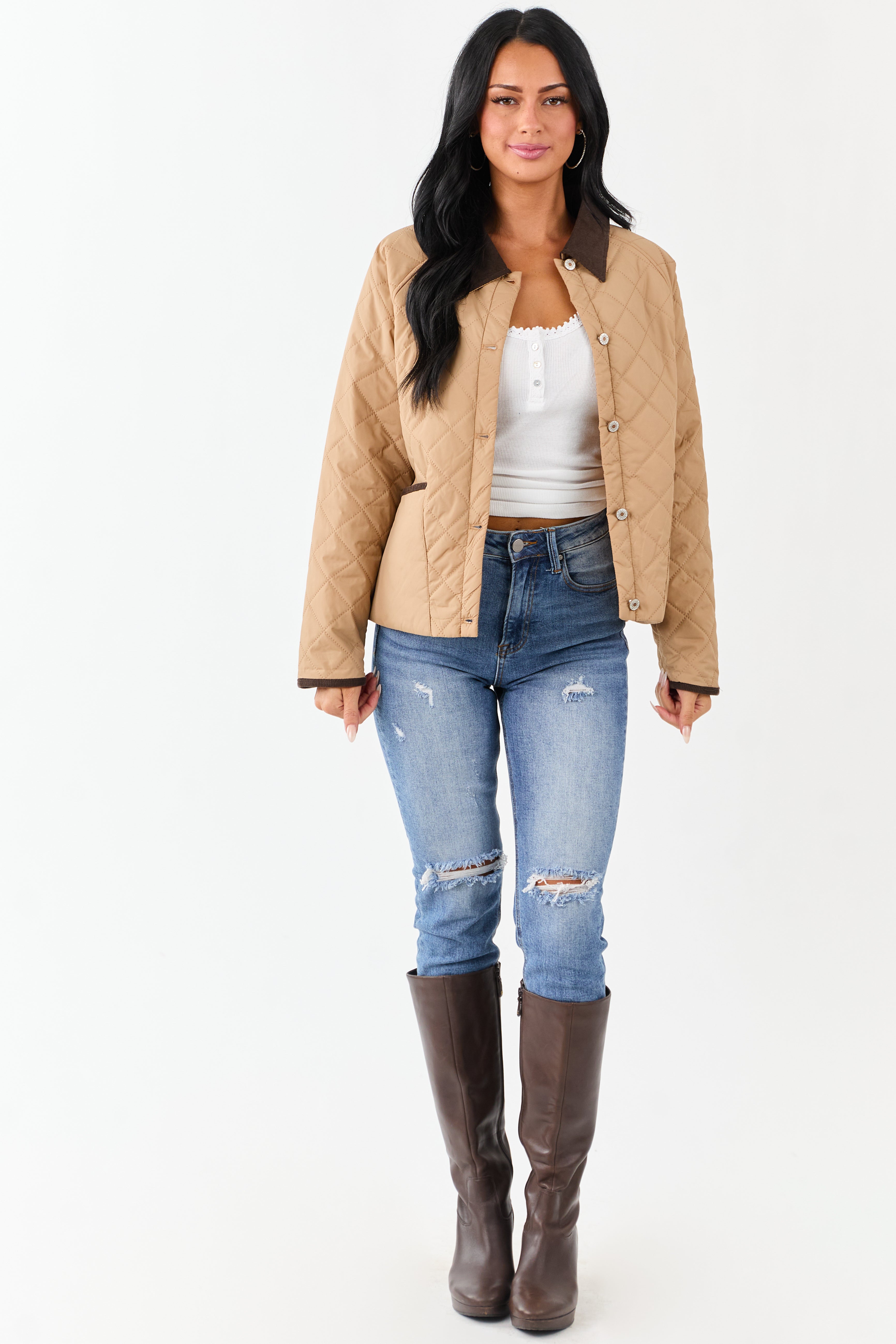 Entro Latte Quilted Corduroy Contrast Buttoned Jacket | Lime Lush