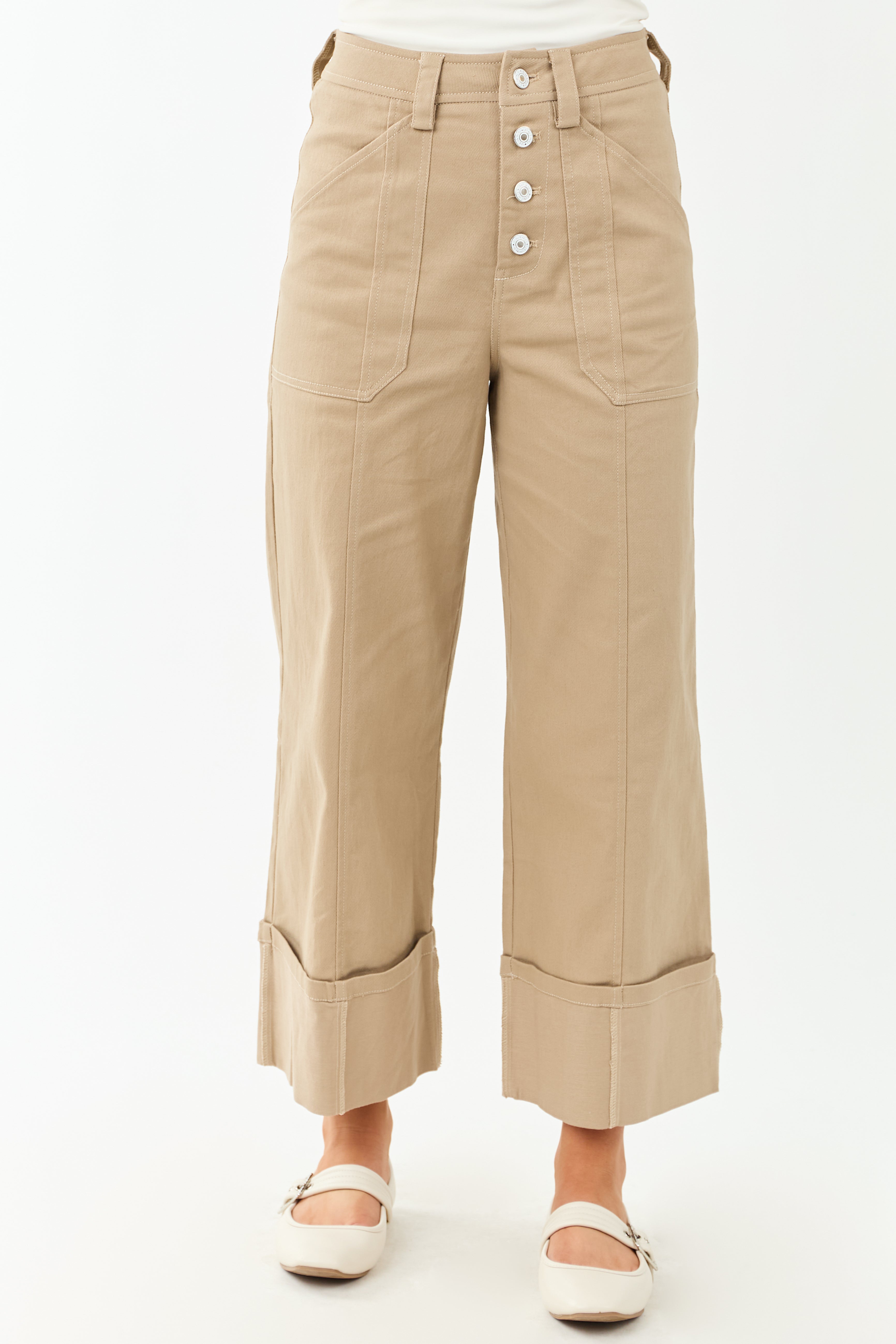 Entro Latte Wide Leg Cropped Cuffed High Waist Pants | Lime Lush
