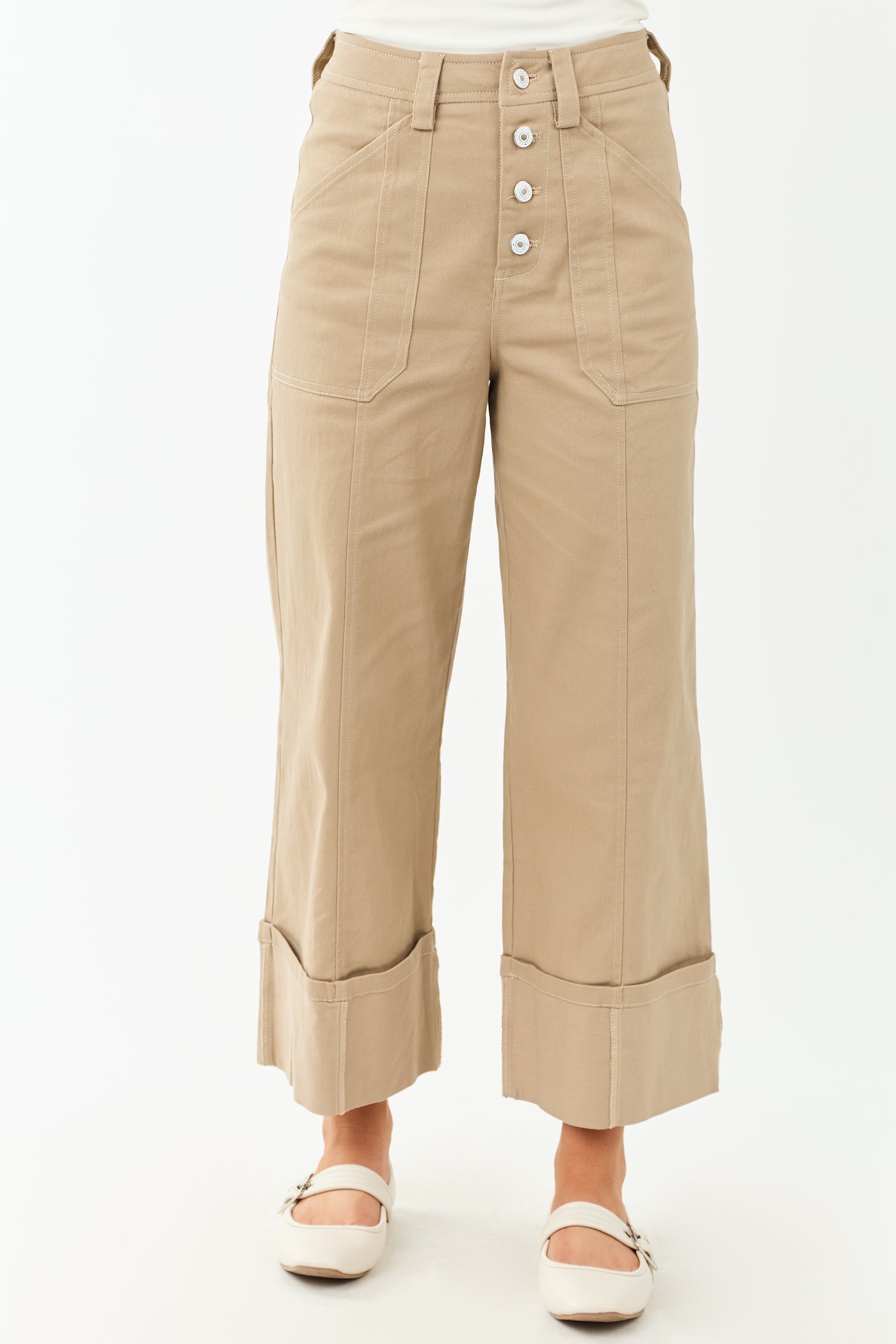 Entro Latte Wide Leg Cropped Cuffed High Waist Pants