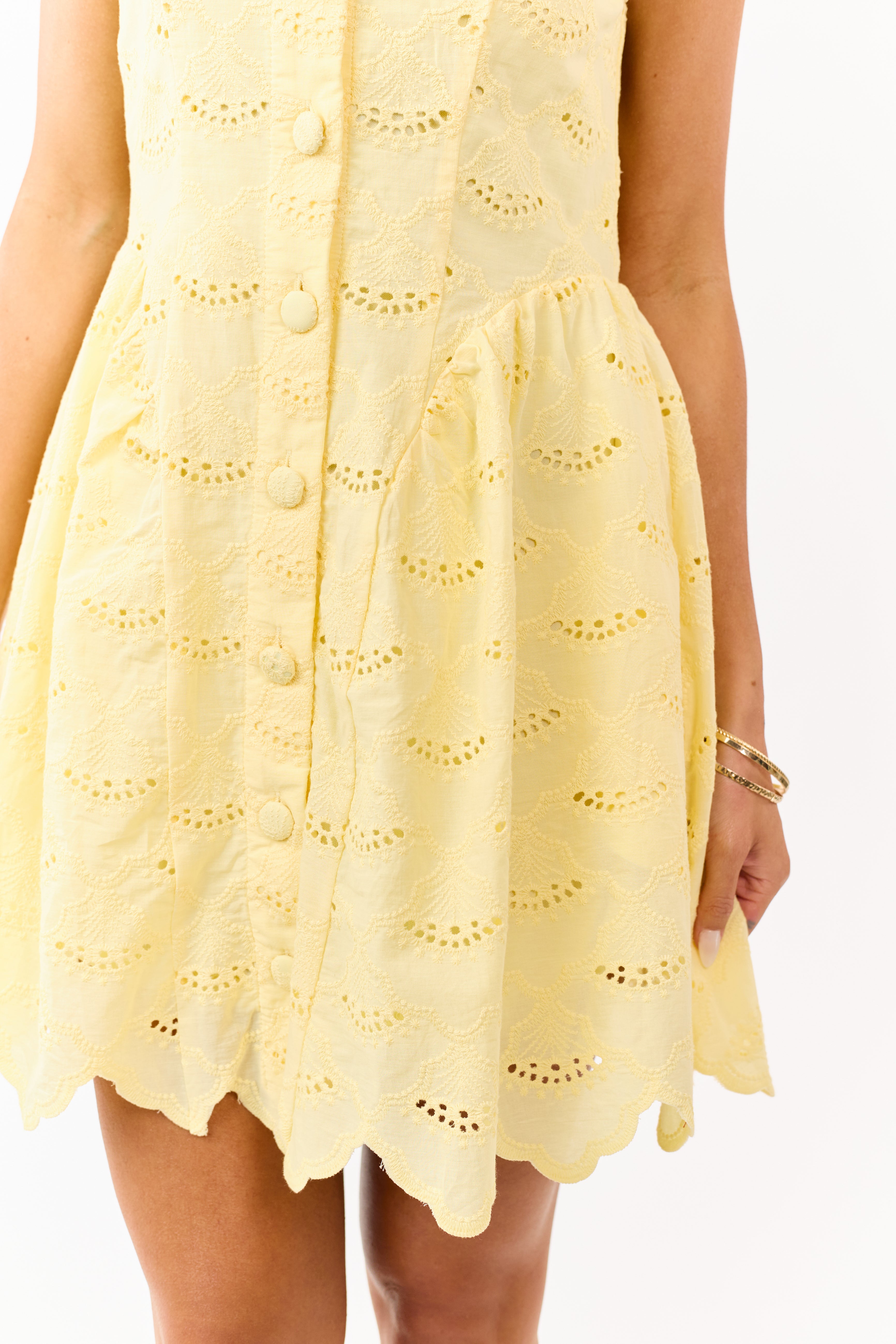 Entro Lemon Eyelet Cotton Button Down Mini Dress