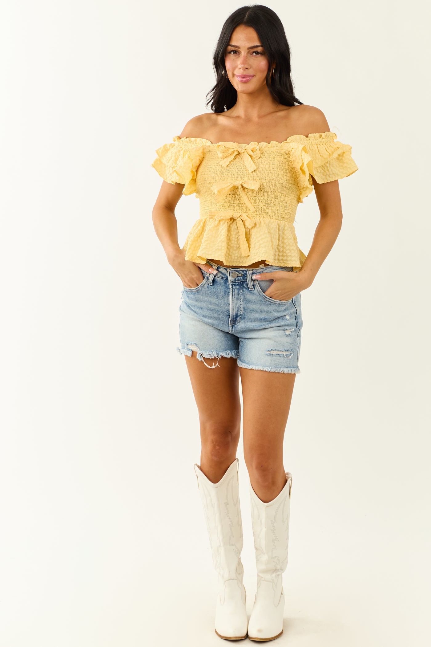 Entro Lemon Gingham Smocked Ruffle Top