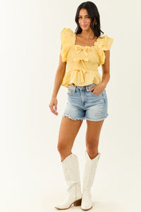 Entro Lemon Gingham Smocked Ruffle Top