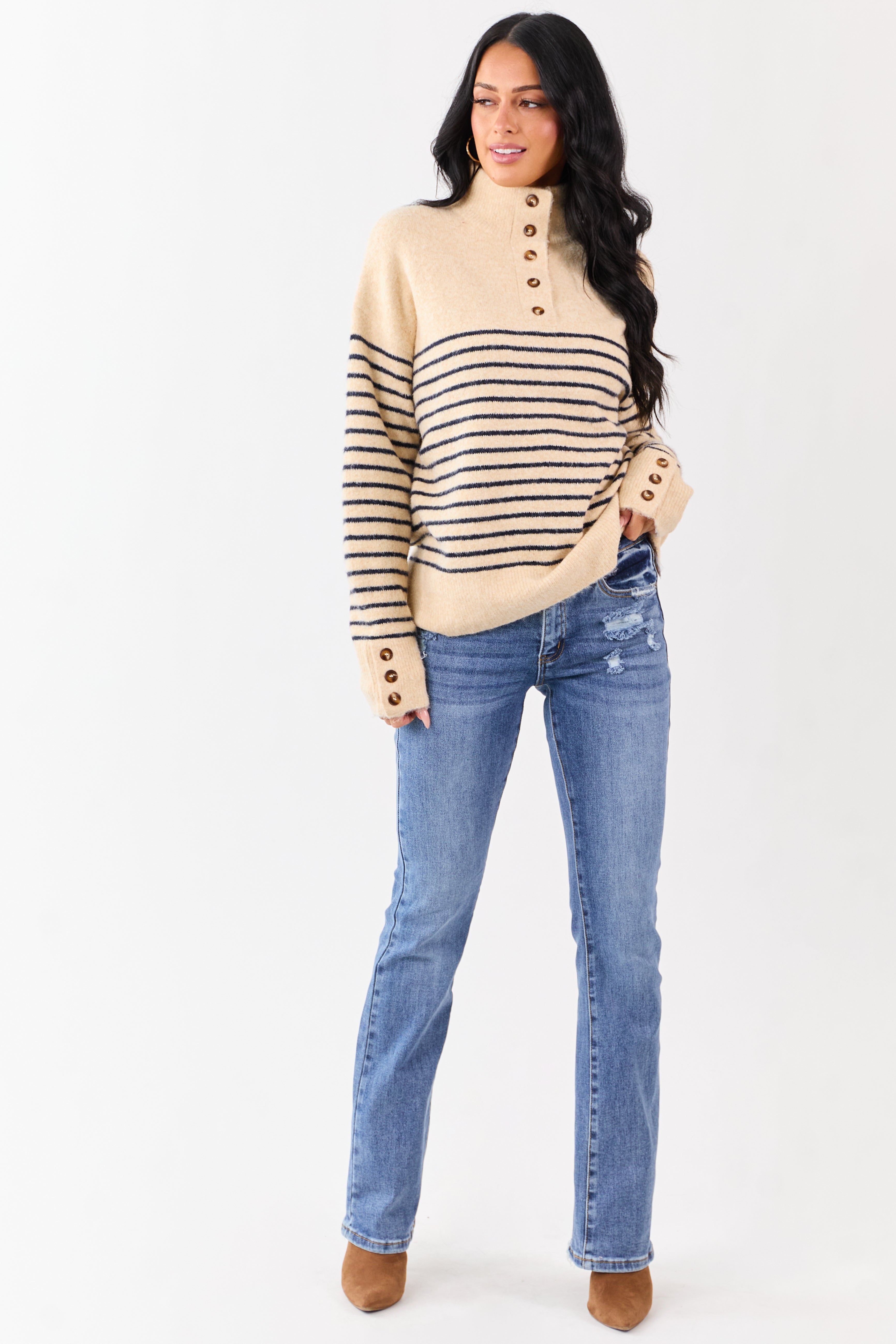 Entro Light Beige Striped Wool Blend Sweater