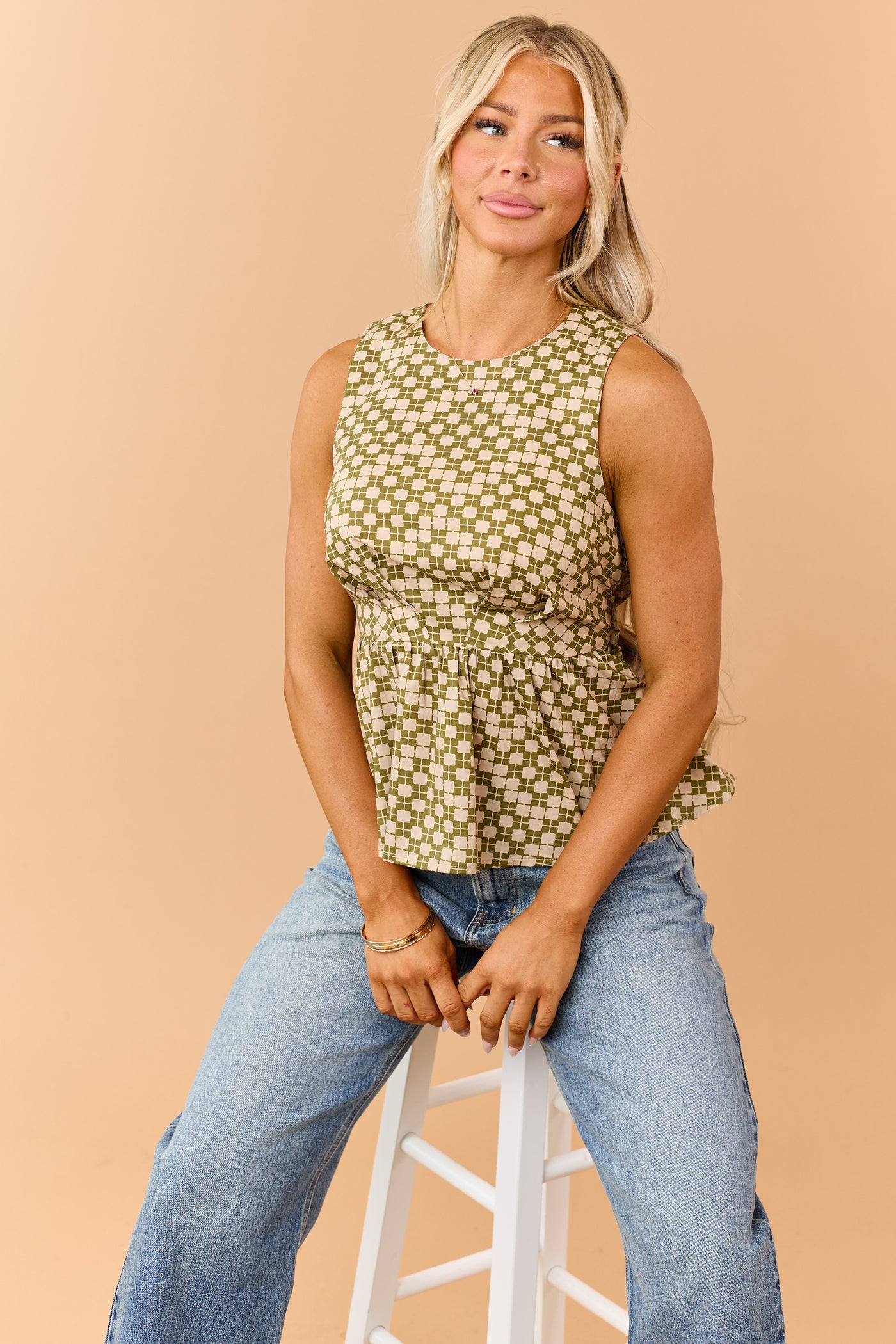 Entro Light Olive Geometric Print Cotton Tank Top