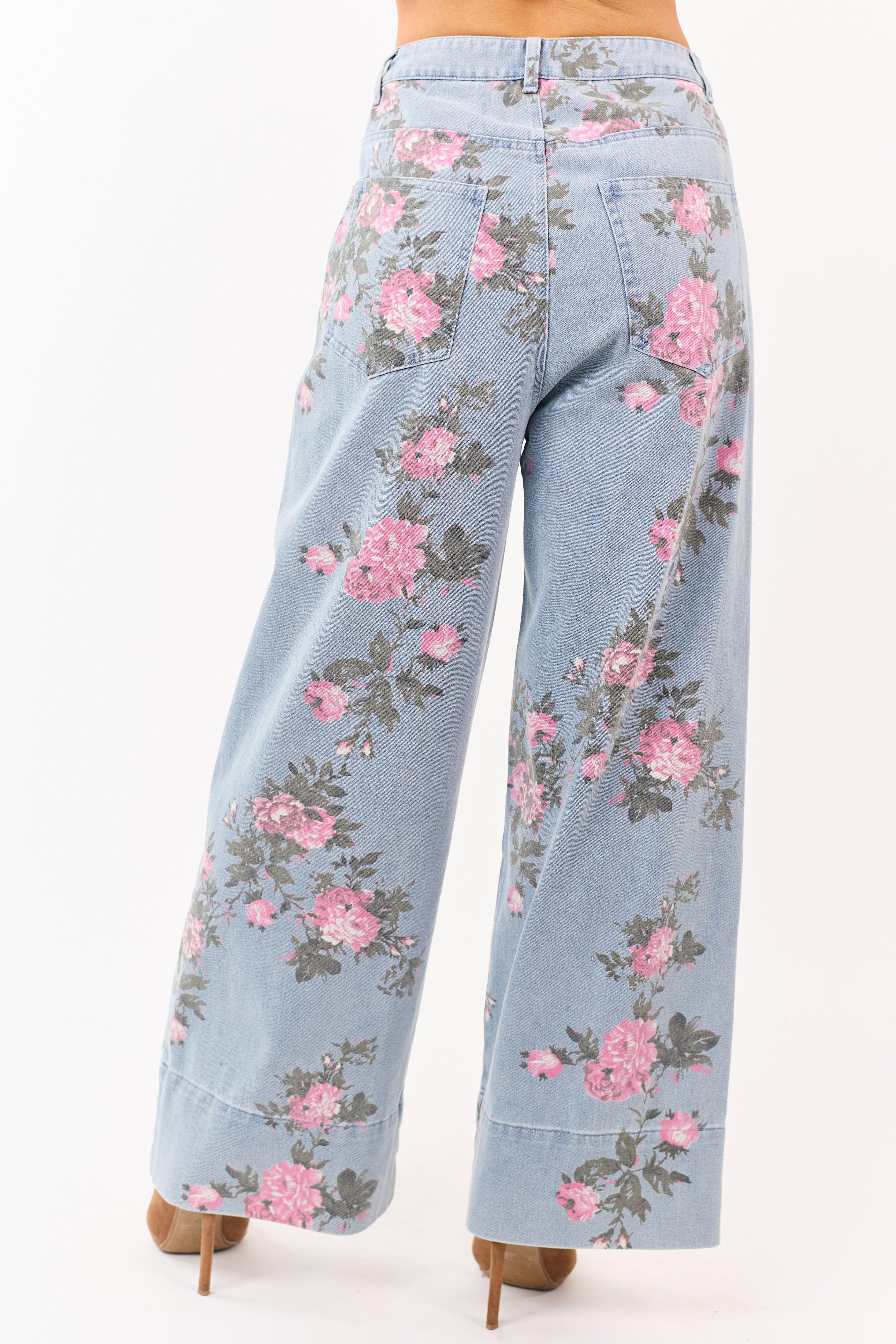 Entro Light Wash Floral Print Wide Leg Jeans