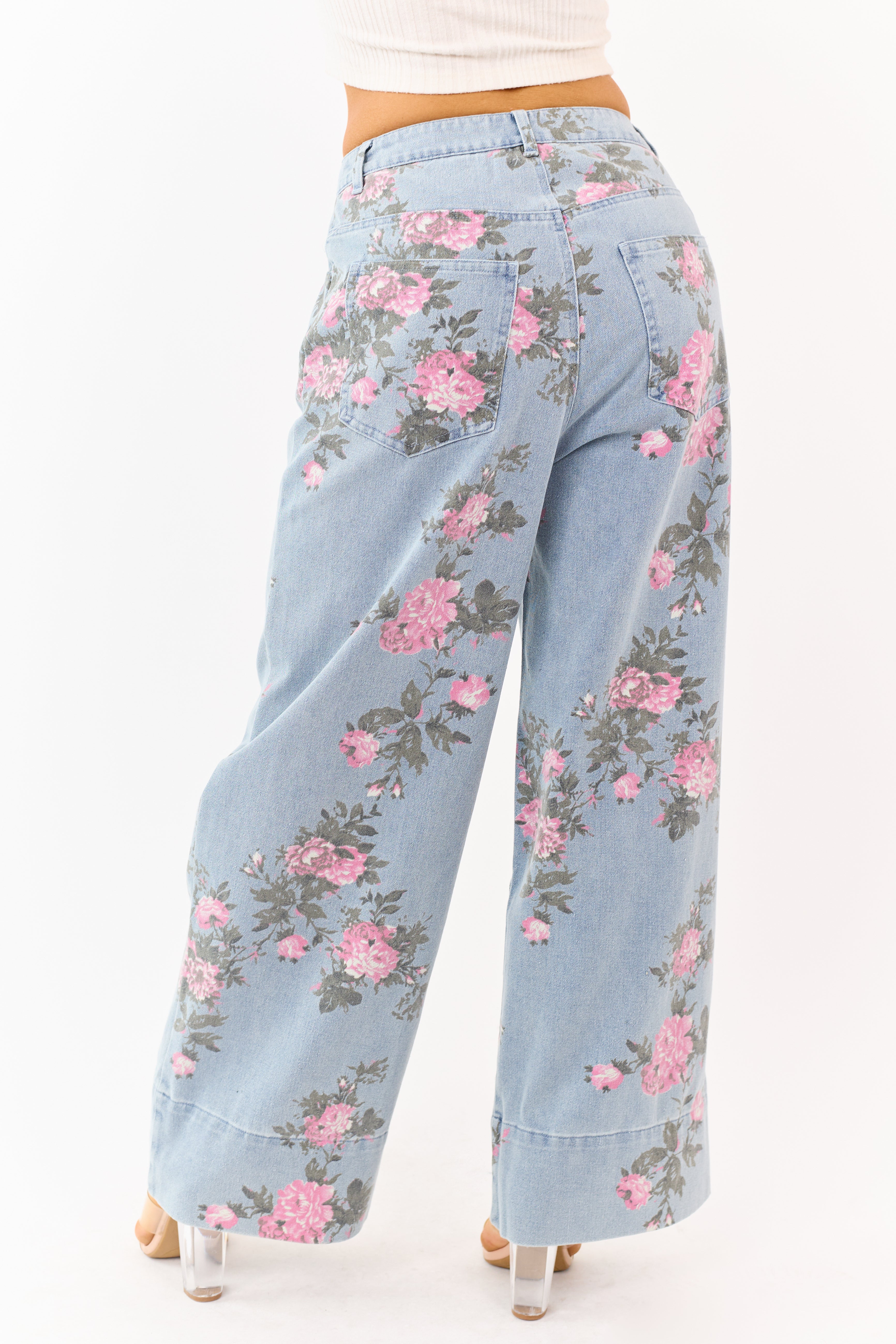Entro Light Wash Floral Print Wide Leg Jeans