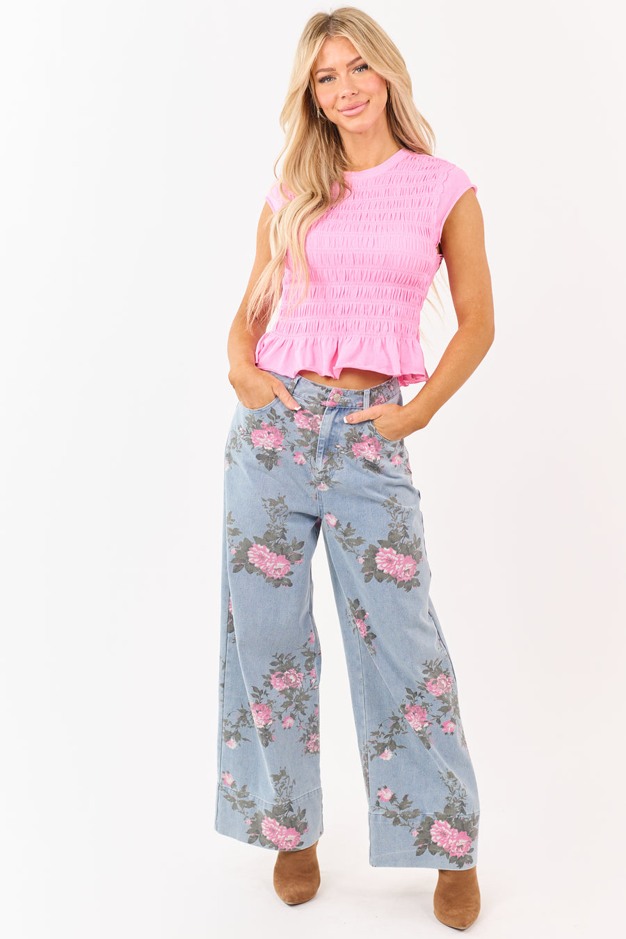 Entro Light Wash Floral Print Wide Leg Jeans