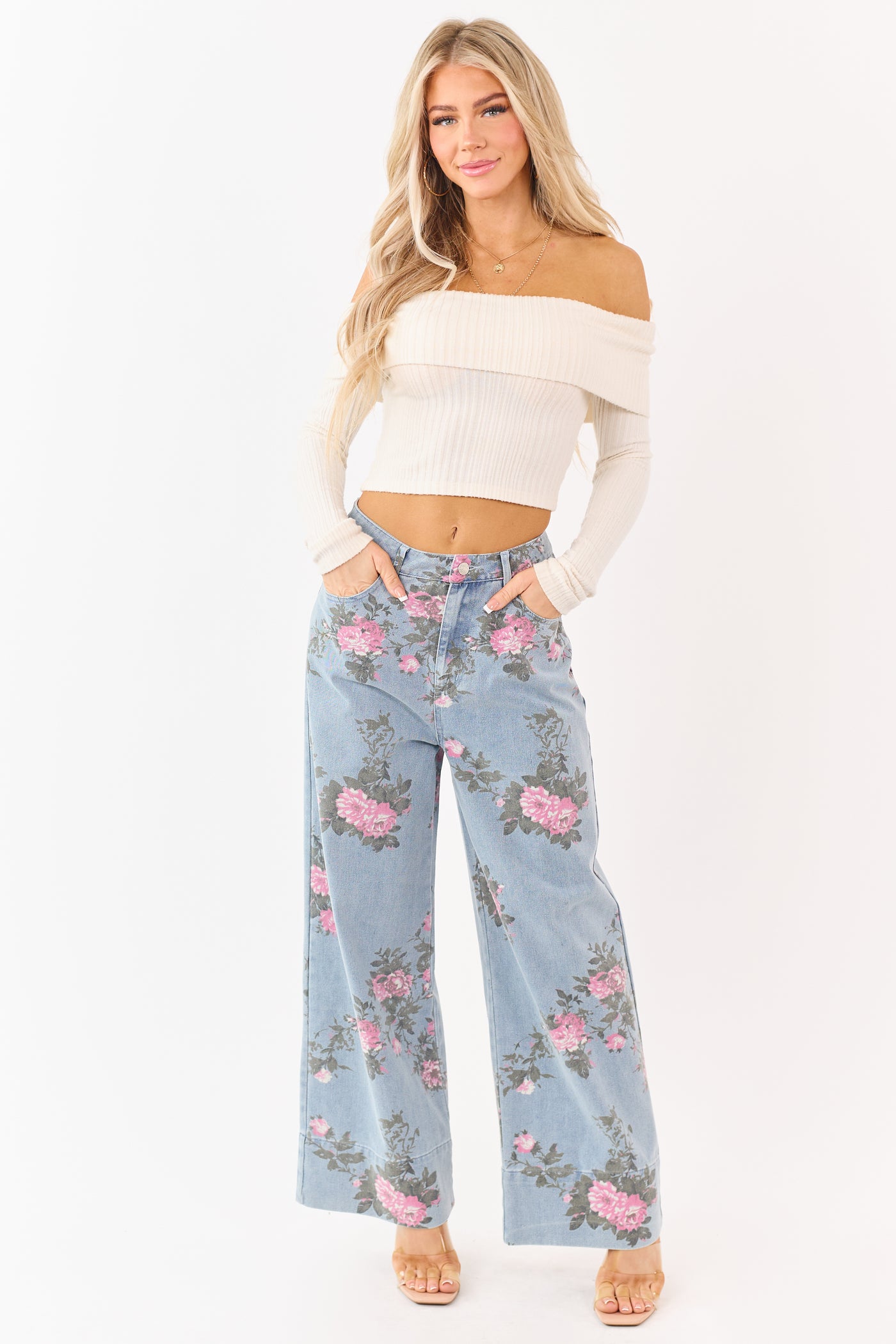 Entro Light Wash Floral Print Wide Leg Jeans