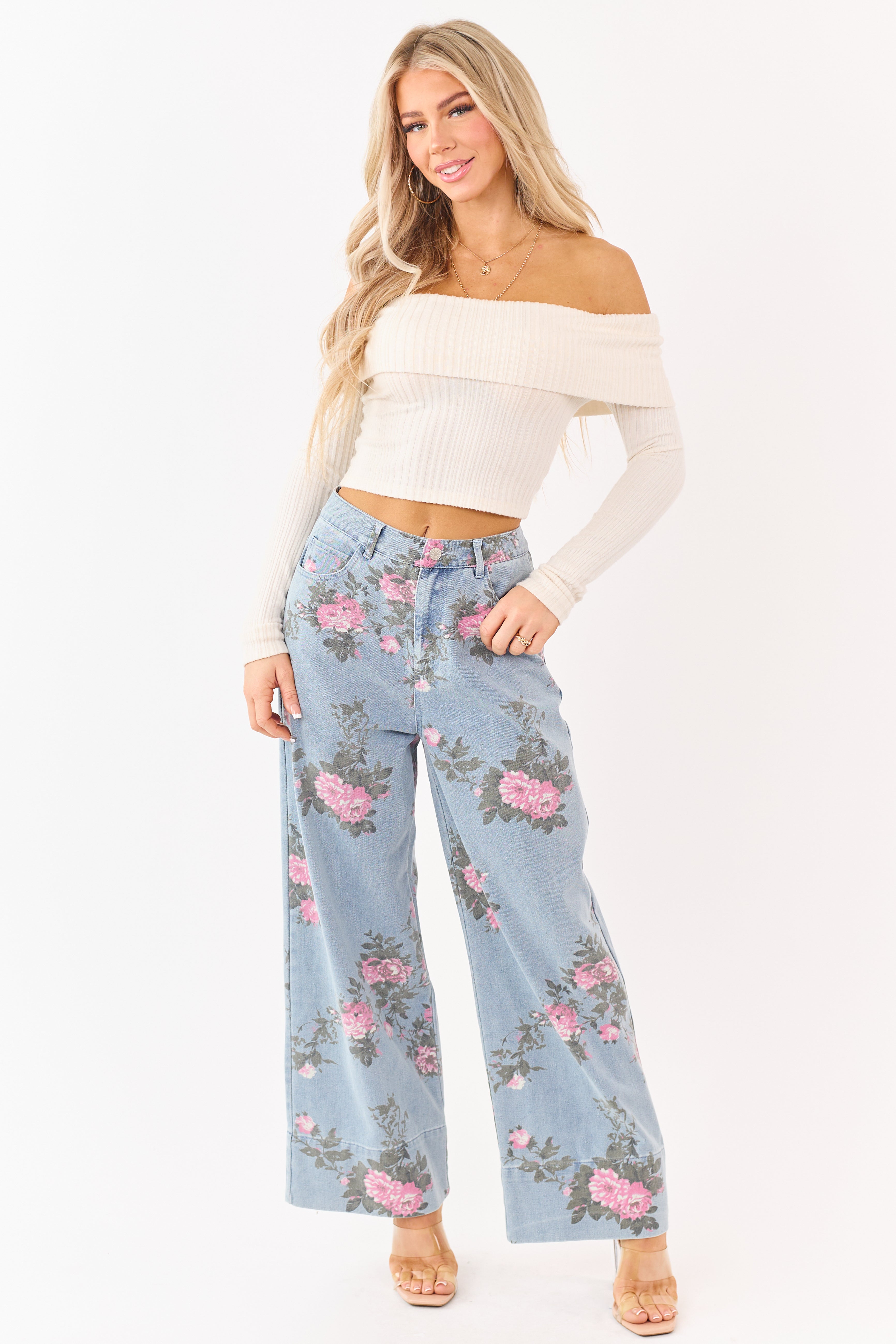 Entro Light Wash Floral Print Wide Leg Jeans | Lime Lush Boutique